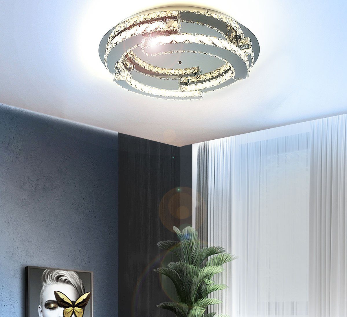 und Lewima groß Deckenlampe XXXL Silber verspiegelt einstellbar, Dimmbar Luxus / Kaltweiß 50-55W, »Schost«, Modern Design Warmweiß Fernbedienung Speicherfunktion inkl. Deckenleuchte LED rund, Ø60-80cm Kristall Glas