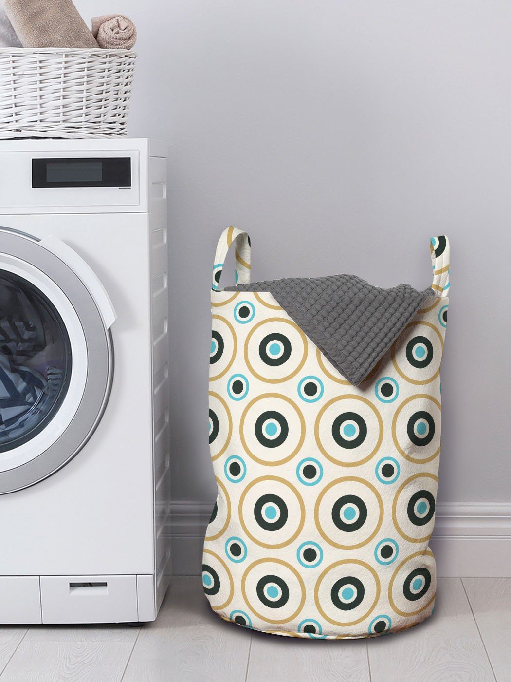 Waschsalons, Bunte Spots mit Kreise Kordelzugverschluss Wäschesäckchen Retro Wäschekorb Abakuhaus für Griffen