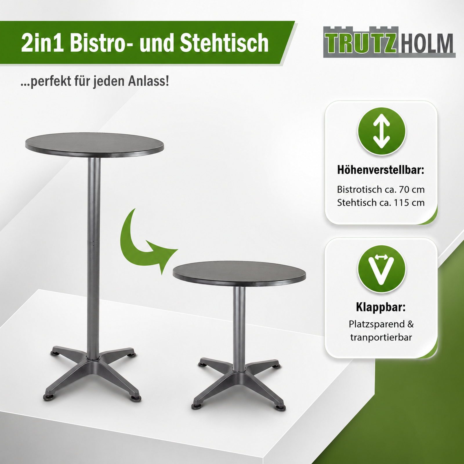 TRUTZHOLM Bistrotisch Stehtisch 2in1 Alu klappbar höhenverstellbar 70/115cm Ø 60cm Anthrazit (2in1 Tisch)