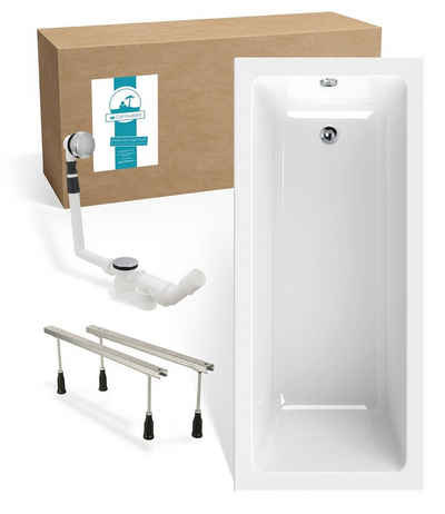 Calmwaters Badewanne Modern Square, (3-tlg), Weiß, 170 x 75 cm, Acryl, Wannenfuß, Ablaufgarnitur, 99000284
