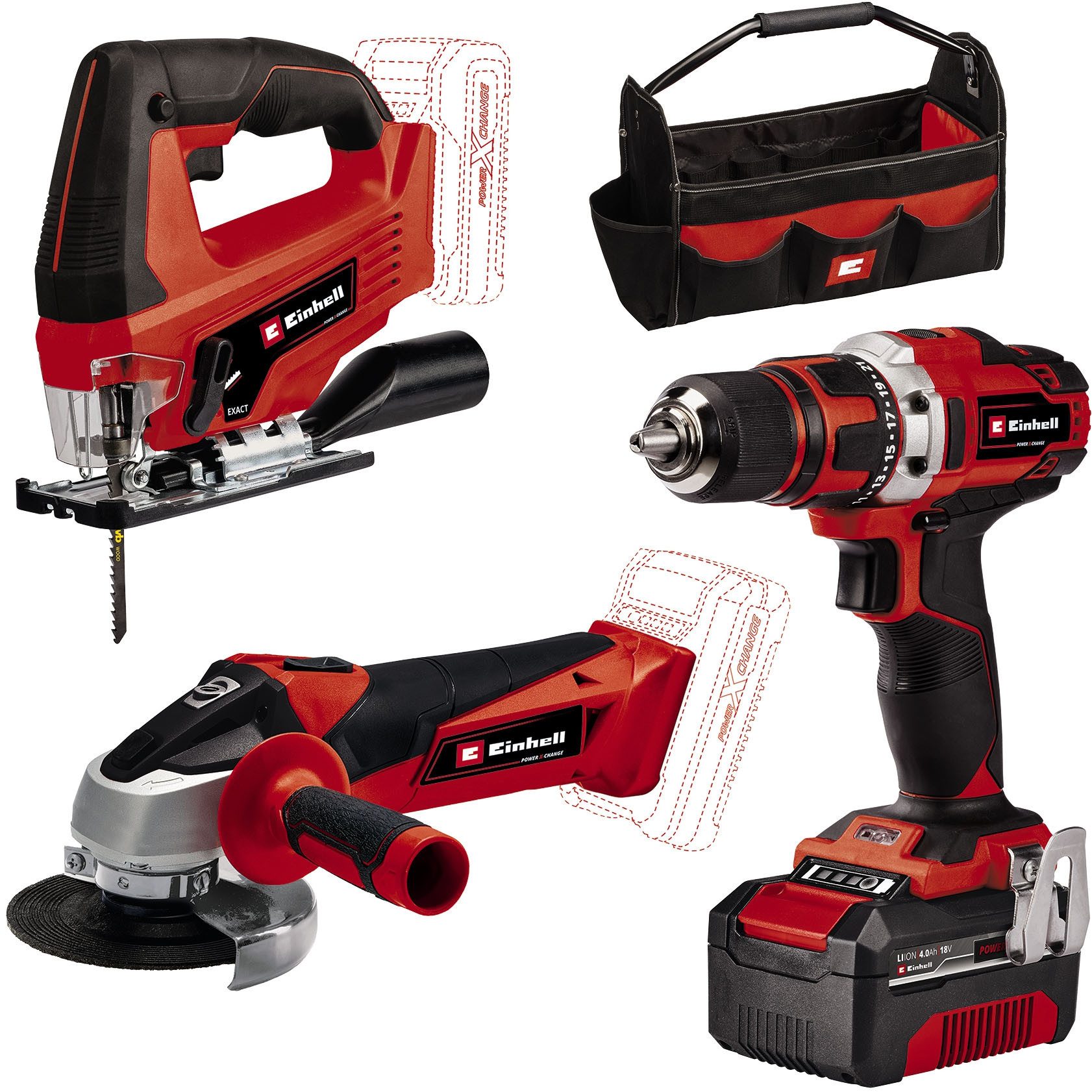 Einhell Elektrowerkzeug-Set TE-TK 18/3 Li Kit (JS+CD+AG), Set, 13-tlg., Akku-Bohrschrauber, -Winkelschleifer und -Stichsäge, Tasche