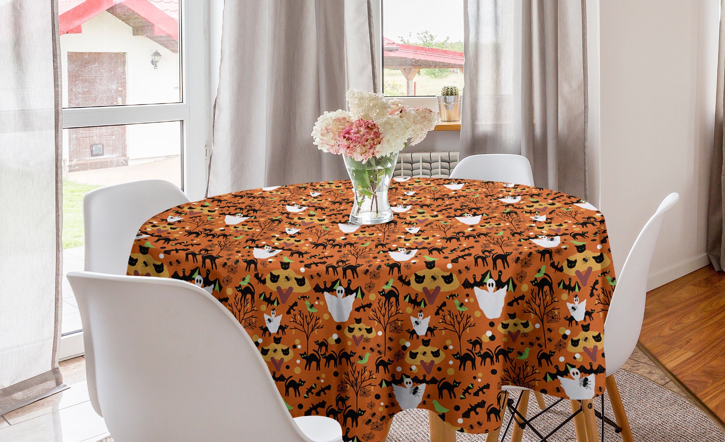 Abakuhaus Tischdecke Kreis Tischdecke Abdeckung für Esszimmer Küche Dekoration, Orange und Schwarz Geist-Katzen Fledermäuse Spiders | Tischdecken