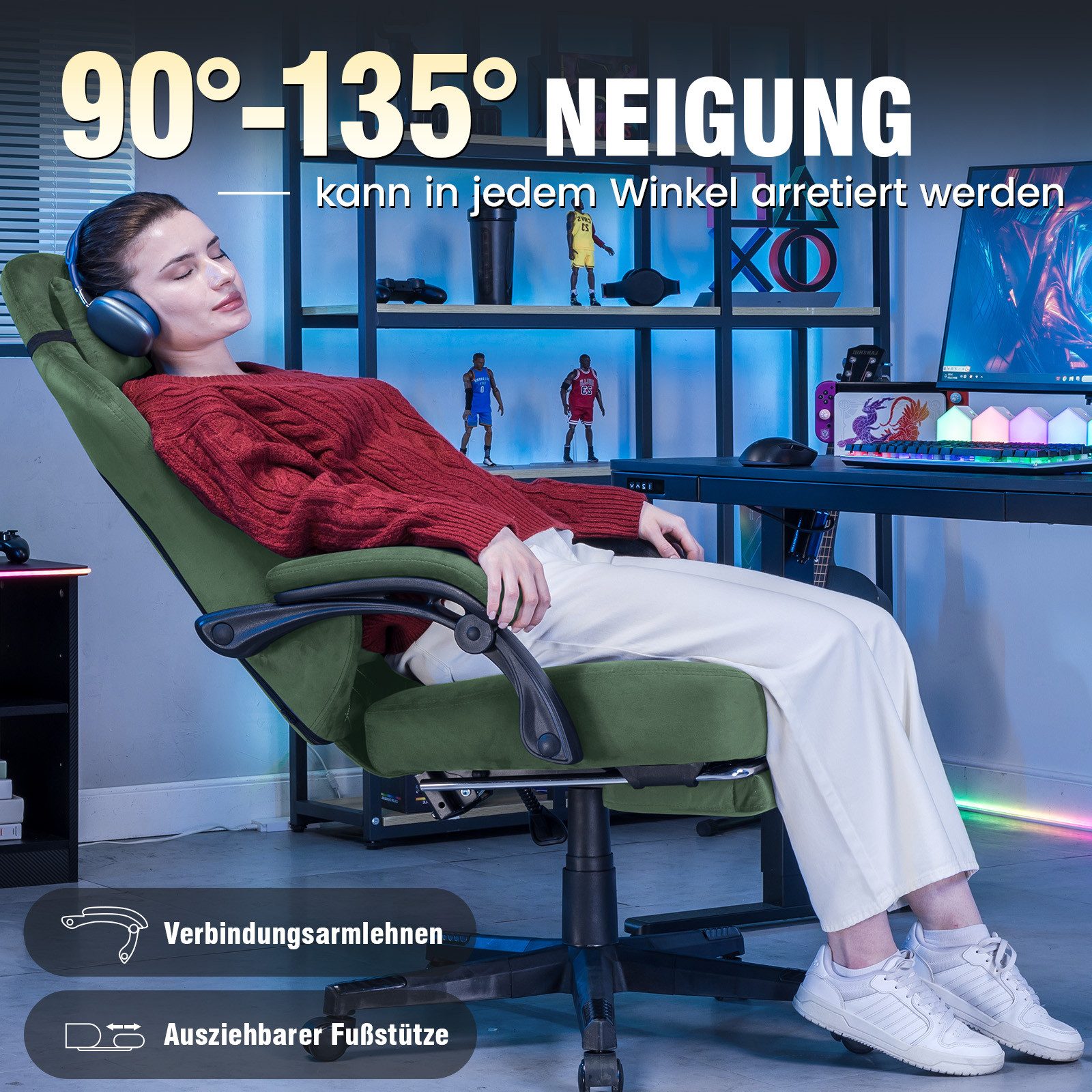 GTPLAYER Gaming-Stuhl Stoff Gaming Chair Ergonomisch Bürostuh PC Stuhl, 150kg Belastbarkeit, Schreibtischstuh mit Federsitzkissen und Fußstütze – Bild 4 von 5