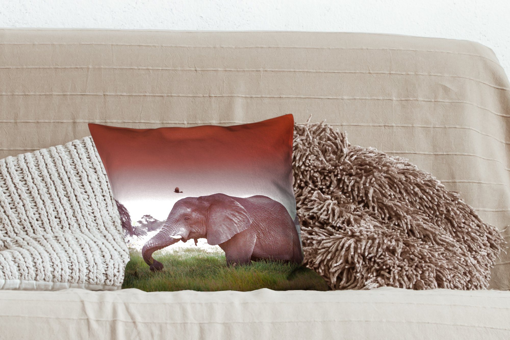 Dekokissen Sofakissen - Füllung Gras Wohzimmer, Sonne Schlafzimmer, mit für MuchoWow Zierkissen Tiere, Deko, - - Elefant