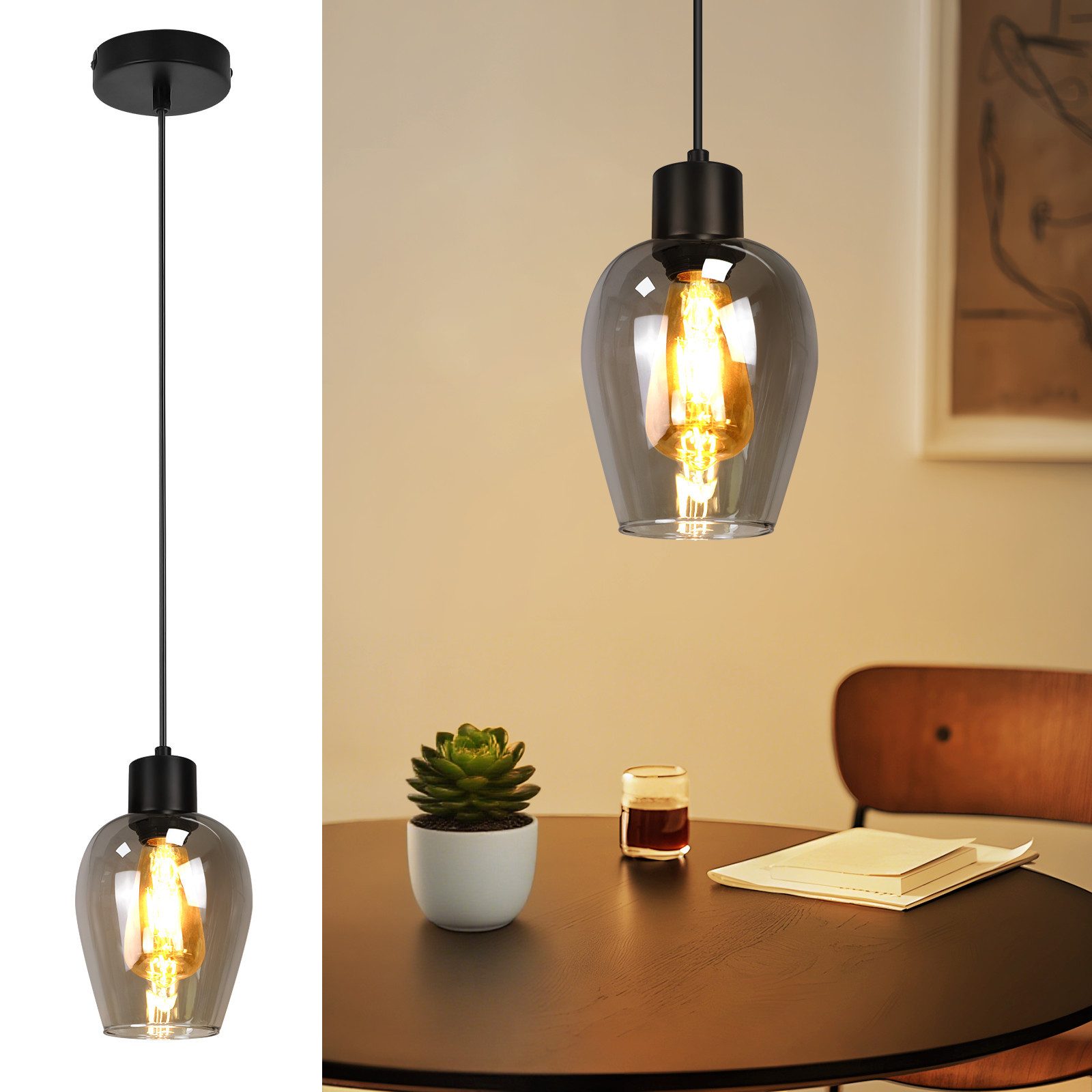 Nettlife Pendelleuchte Vintage Schwarz Hängelampe mit 1/3/4 Rauchglas-Schir günstig online kaufen
