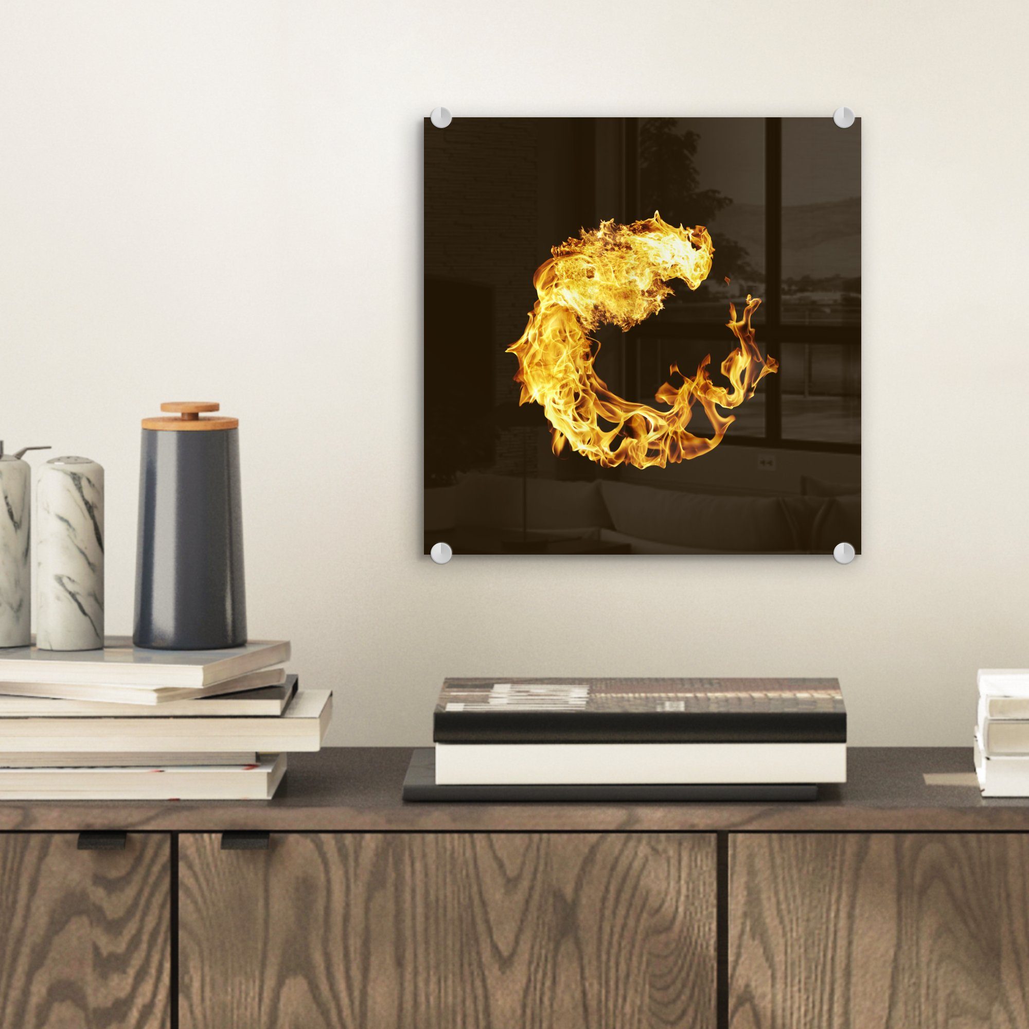 Wanddekoration Hintergrund, MuchoWow Gelbe Glasbilder Feuers - Glas Wandbild auf des Flammen auf Foto - einen bilden Glas - schwarzem auf St), (1 Bilder Acrylglasbild Kreis