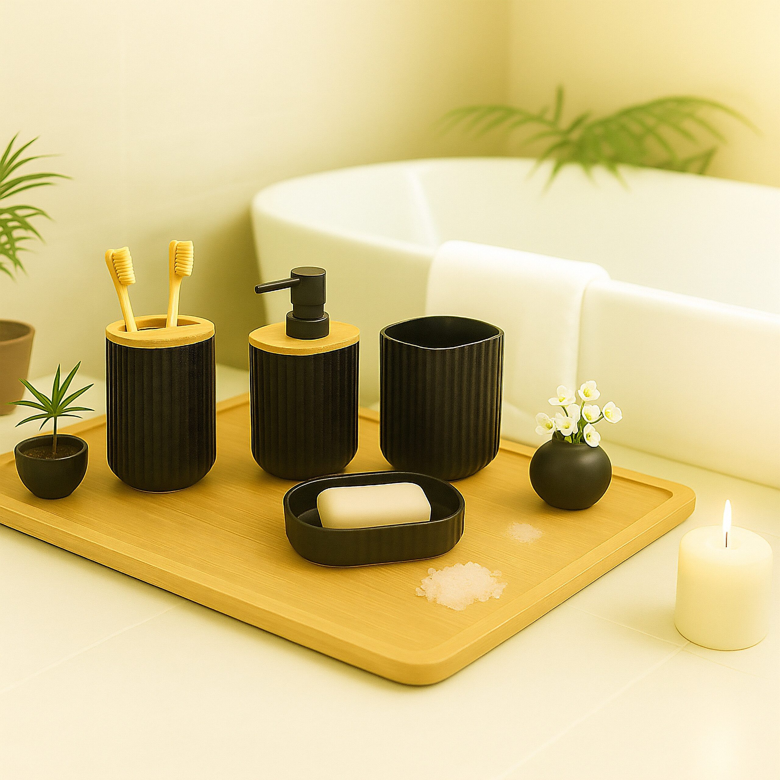 relaxdays Badaccessoire-Set 6-teiliges Badezimmer Set, schwarz
