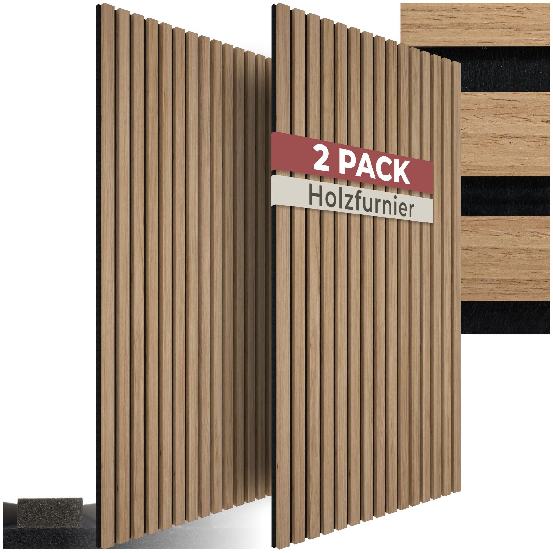 tectake Wandpaneel Akustikpaneele Sonic Wall, MDF und Echtholzfurnier - Eiche, BxL: 60x120 cm, (2 tlg., 2-tlg., je 60 x 120 x 2,1 cm, Größe flexibel anpassbar) schallabsorbierender Filz, einfache Montage mit Kleber oder Schrauben