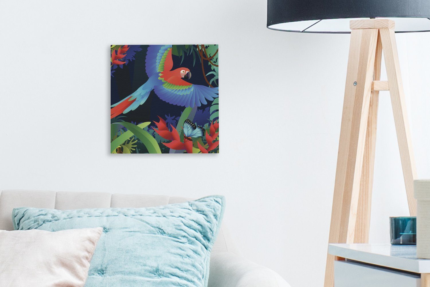 Regenwald, im Illustration Bilder OneMillionCanvasses® Leinwandbild Leinwand fliegenden (1 Wohnzimmer eines Schlafzimmer Eine für Papageis St),