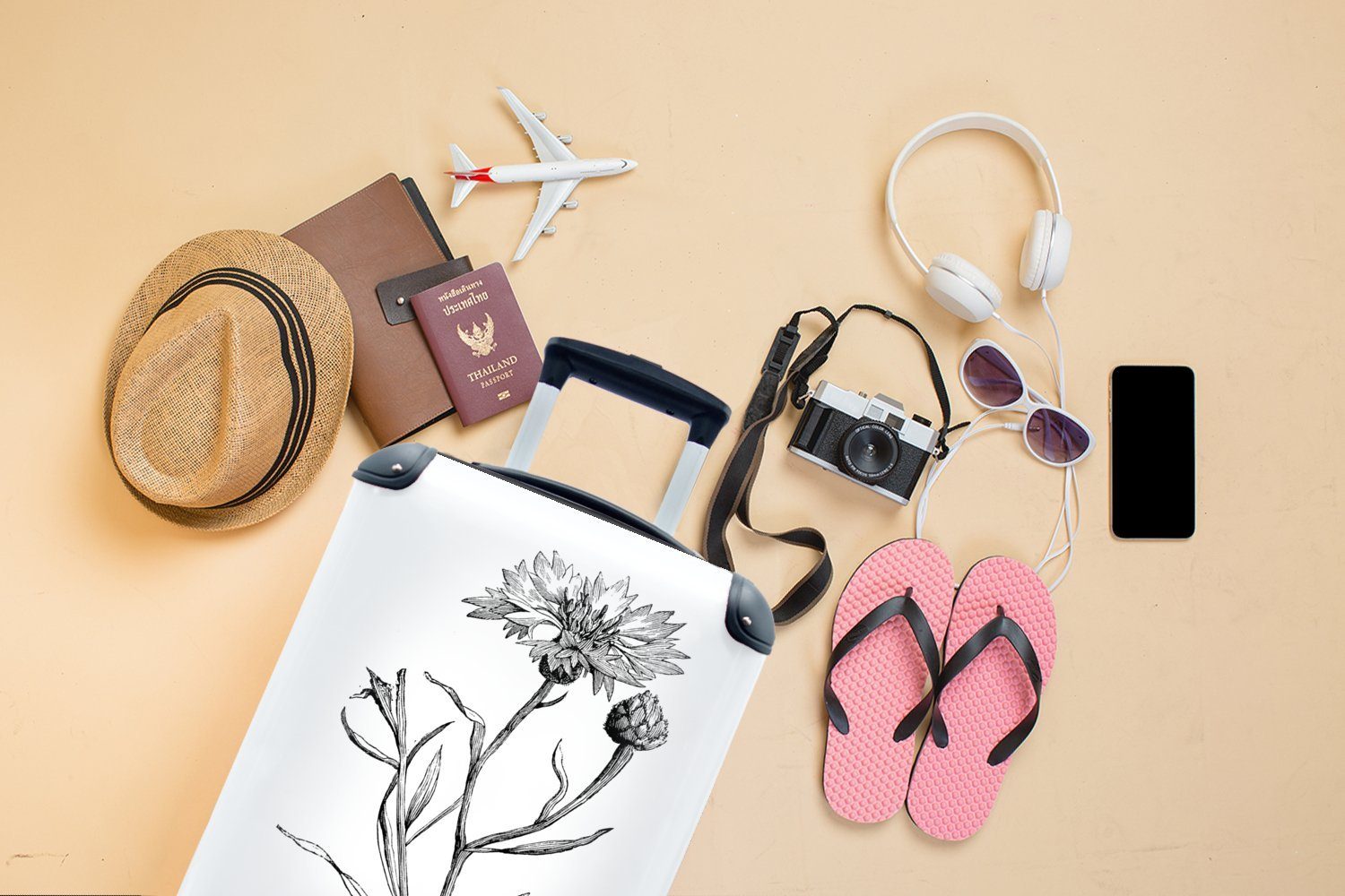 MuchoWow Handgepäckkoffer Eine Reisetasche Handgepäck Reisekoffer Trolley, für Rollen, rollen, mit 4 einer Illustration Ferien, Kornblume, einzelnen schwarz-weiße