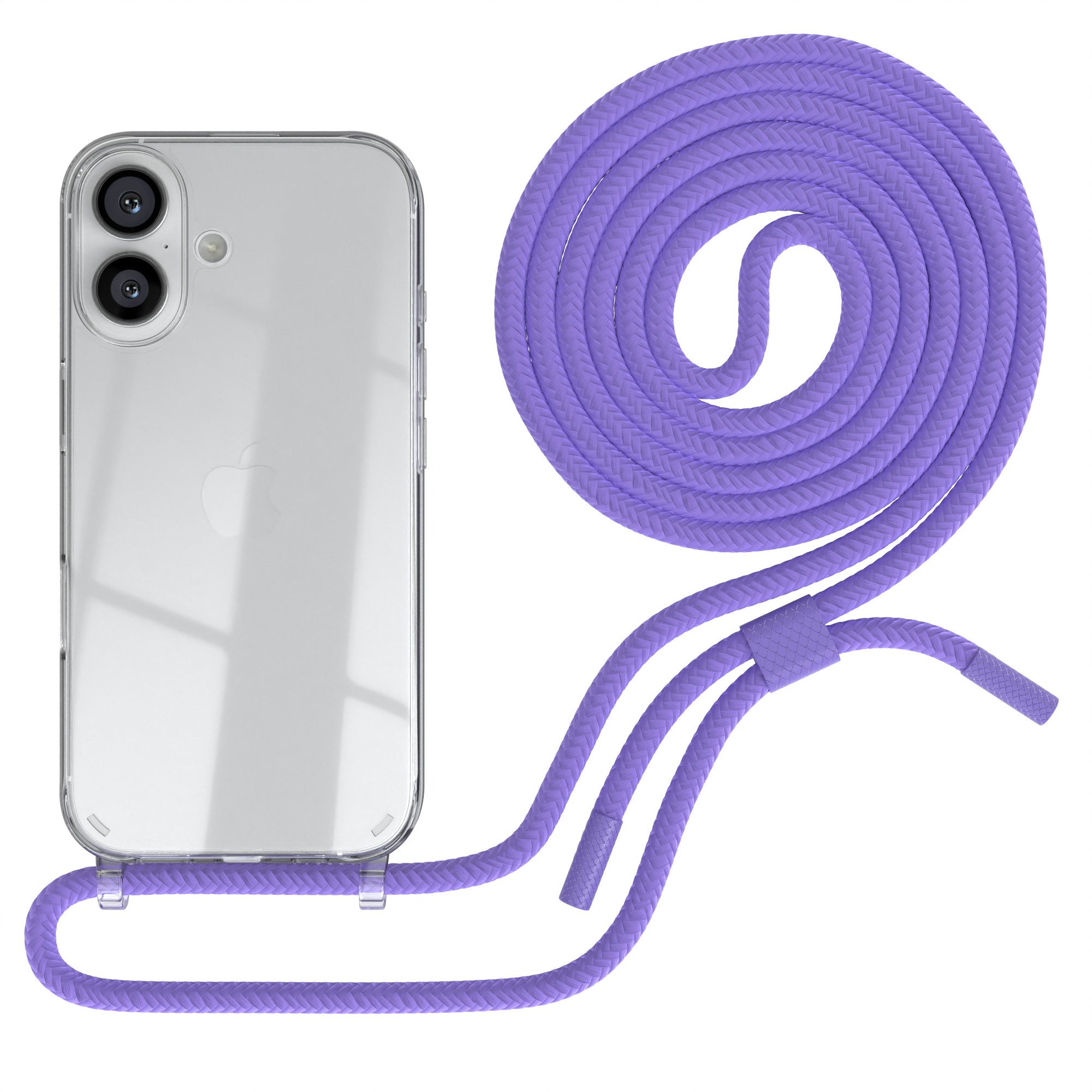 EAZY CASE Handykette Silikon Kette Unifarbe für Apple iPhone 16 6,1 Zoll, Ketten Kordel Transparent Case abnehmbare Handyhülle Flieder Lila Gold