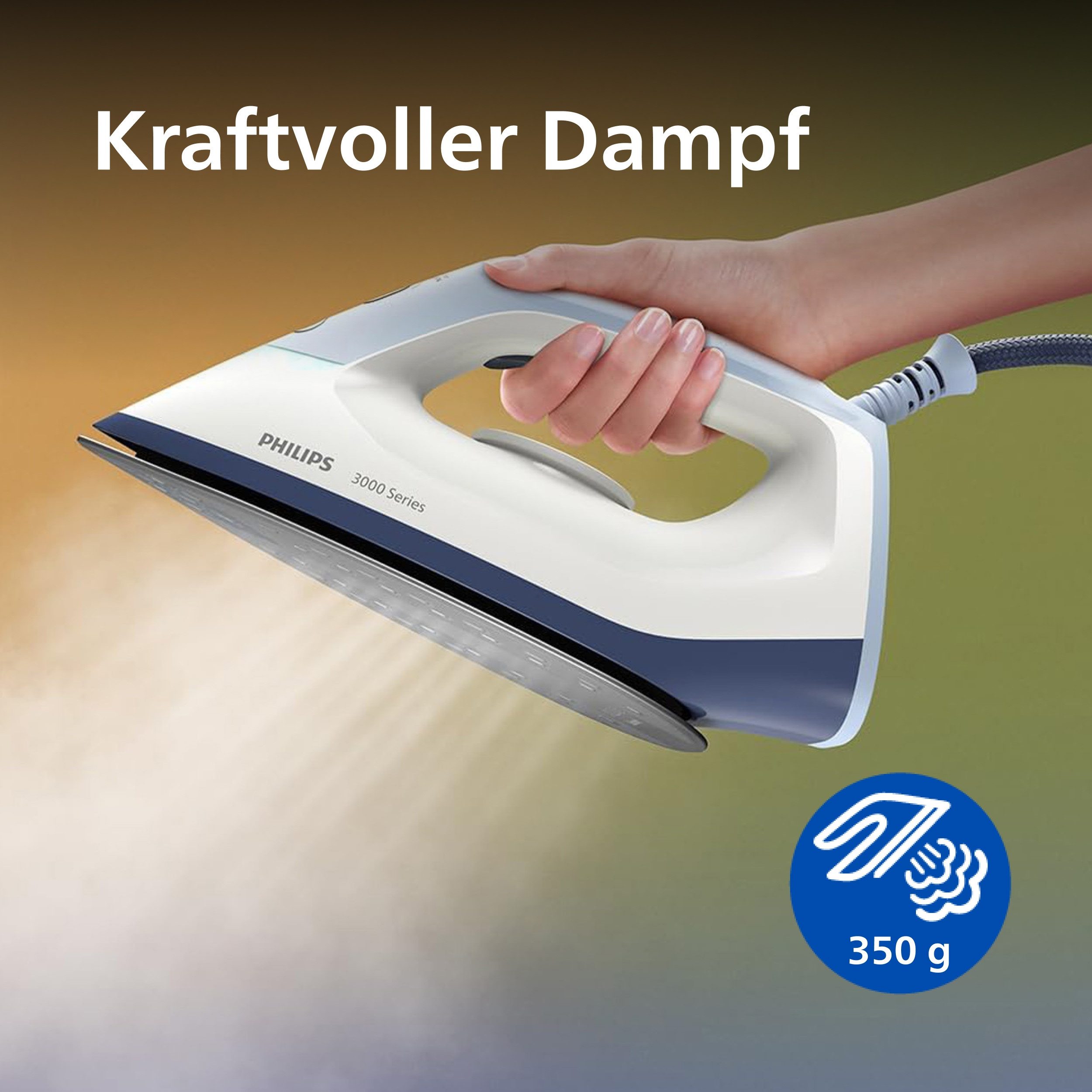 Philips Dampfbügelstation PerfectCare 3000 Series PSG3000/20, hellblau/dunkelblau/weiß, 1400 ml Wassertank, 2.400 Watt, Vertikaldampf, Keramik-Bügelsohle, 350gr Dampfstoß