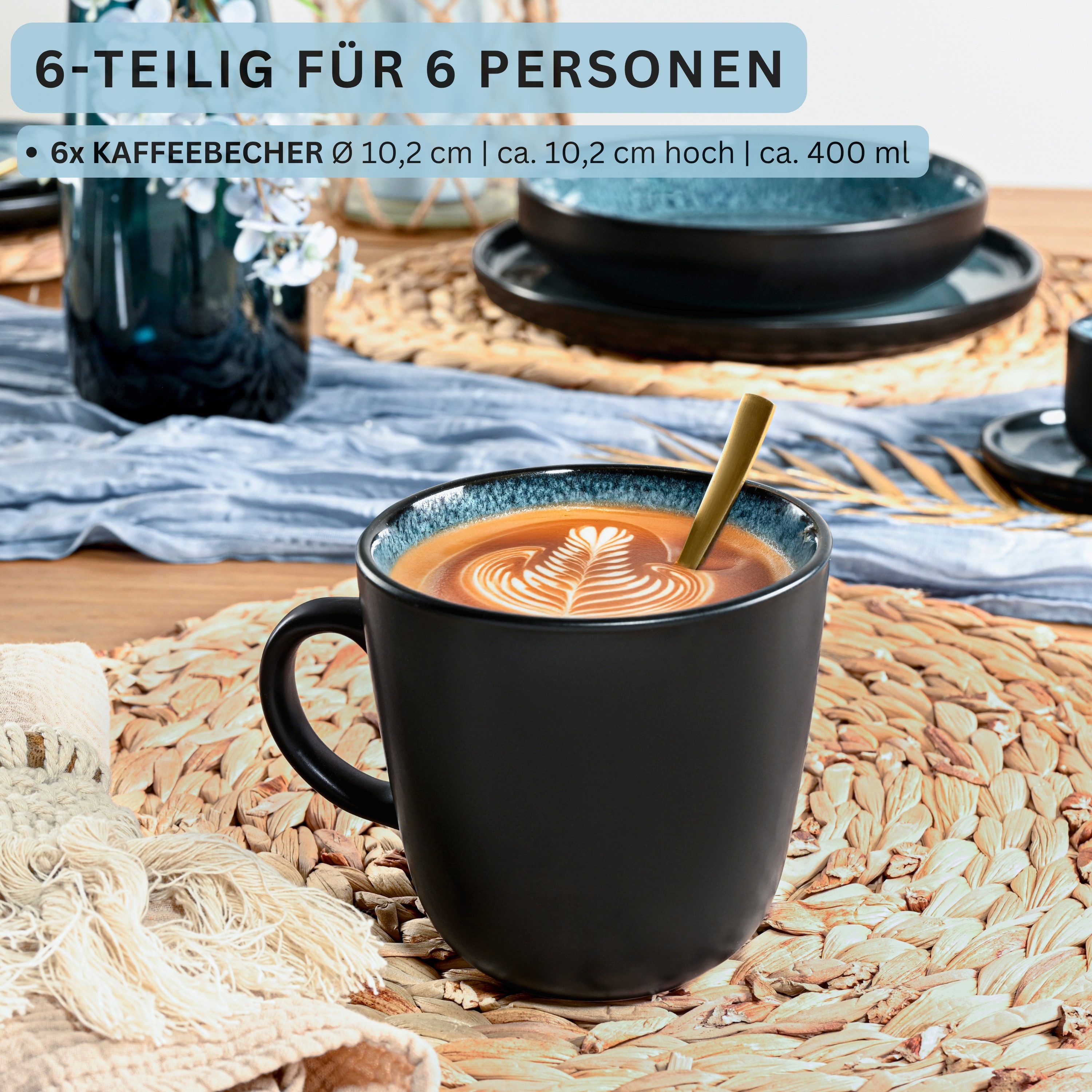 SÄNGER Becher Vigo, 6-tlg., Steingut, 6 tlg. Kaffeebecher, 400 ml, Handmade, Blau-Schwarz, VALUE COLLECTION