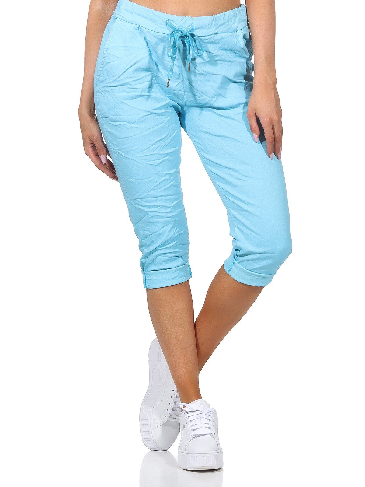 und Bermuda 7/8-Hose Damen Capri Türkis in Sommerhose Taschen Kurze Damenmode sommerlichen 36-44 Jeans Hose Farben, Aurela Kordelzug,