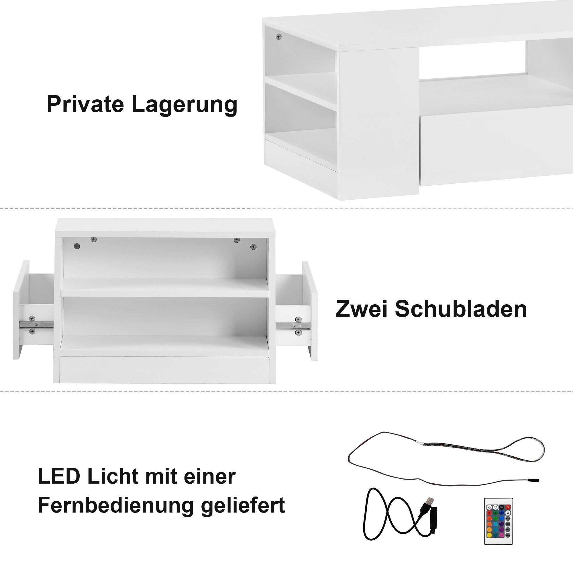 Beistelltisch mit Schubladen, 37cm (Wohnzimmertisch Ablage 95 hochglanz 4 x 2 inkl. und 53 mit Fernbedienung), Weiß Sweiko Couchtisch LED-Beleuchtung, x