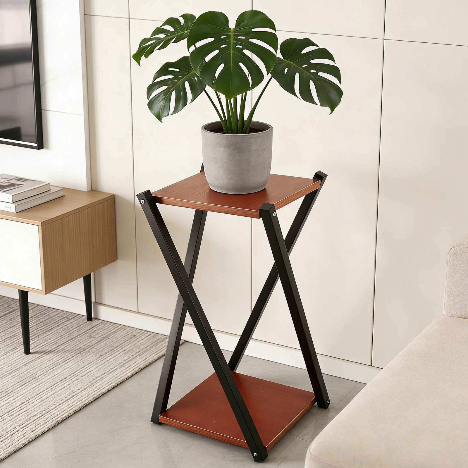 BlingBin Blumenhocker Zweistöckiger Pflanzenständer mit Metallgestell und MDF-Ebenen (1 Stück, 1 St., ca. 57 x 30 x 30 cm), dekorative Blumenablage für Wohnzimmer, Balkon und Garten