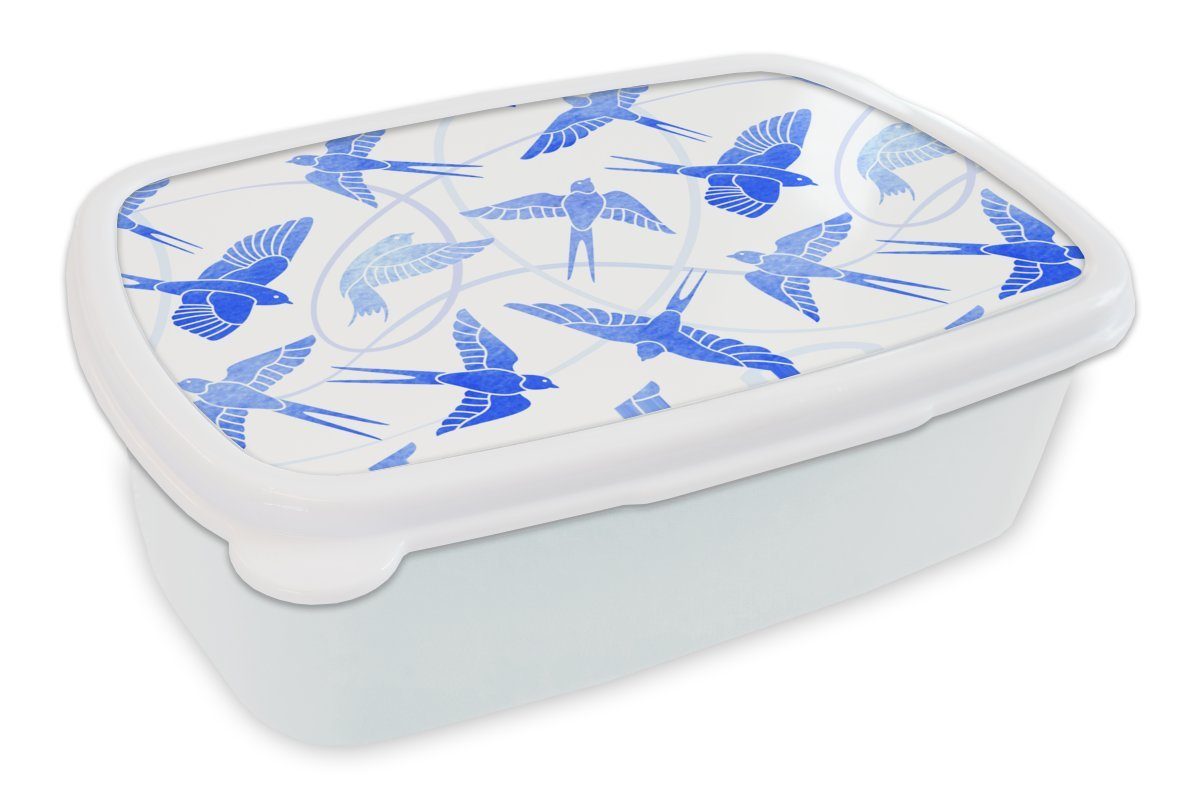 MuchoWow Lunchbox Muster - Blau - Vogel, Kunststoff, (2-tlg), Brotbox für Kinder und Erwachsene, Brotdose, für Jungs und Mädchen weiß