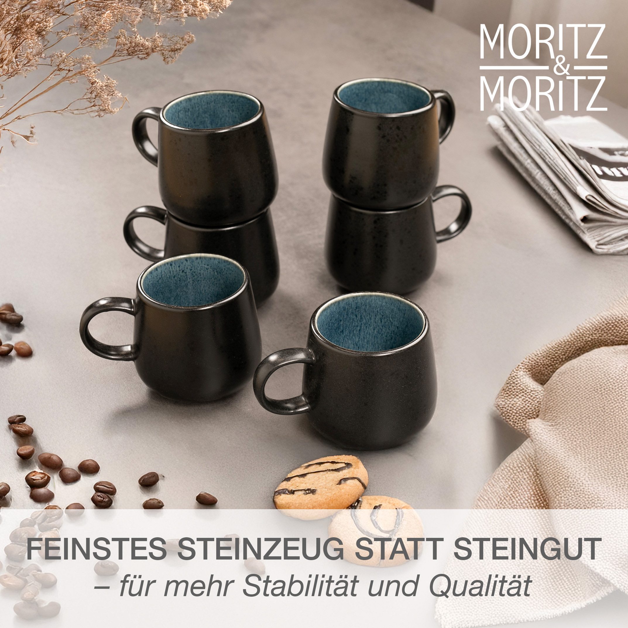Moritz & Moritz Tafelservice SOLID 24tlg Geschirrset mit Tasse Blau (24-tlg), 6 Personen, Steinzeug, Kombigeschirr für 6 Personen