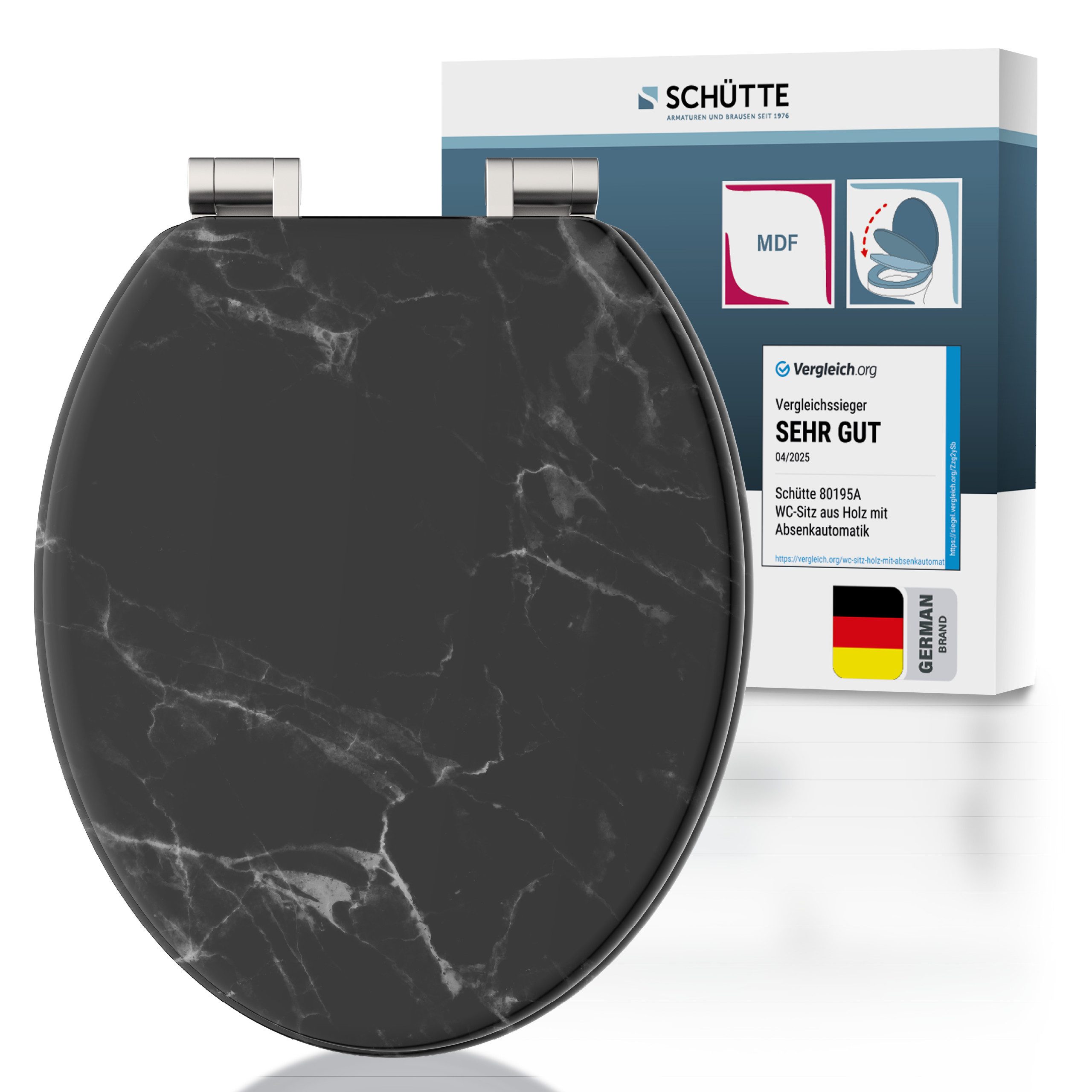 Schütte WC-Sitz MARMOR BLACK, Toilettendeckel, Absenkautomatik, stabiles MDF, O-Form, Motiv, 175kg