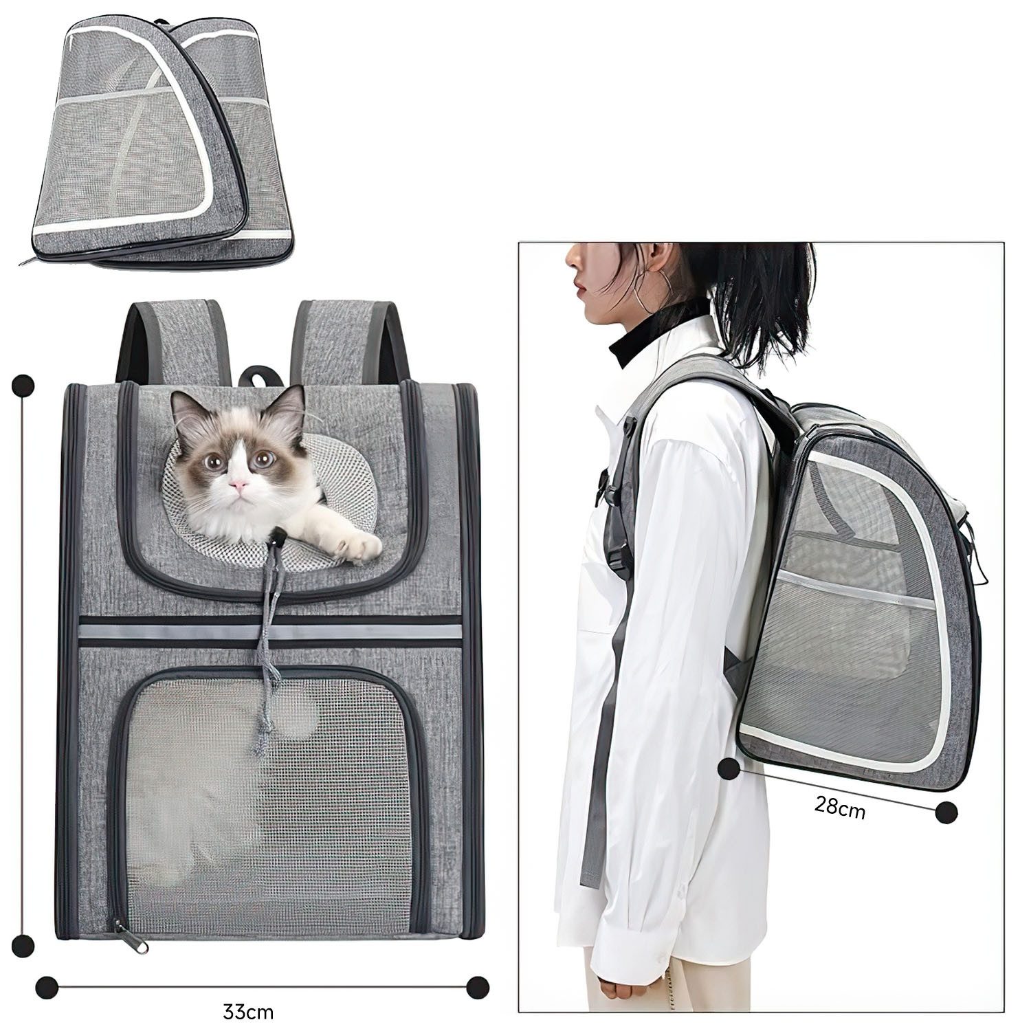Refined Living Tiertransporttasche Haustier Rucksack mit Netzfenster Tragbare und Faltbare Katzentasche bis 8,00 kg, Katzenrucksack mit Seitentaschen Atmungsaktive und Leichte Hundetasche