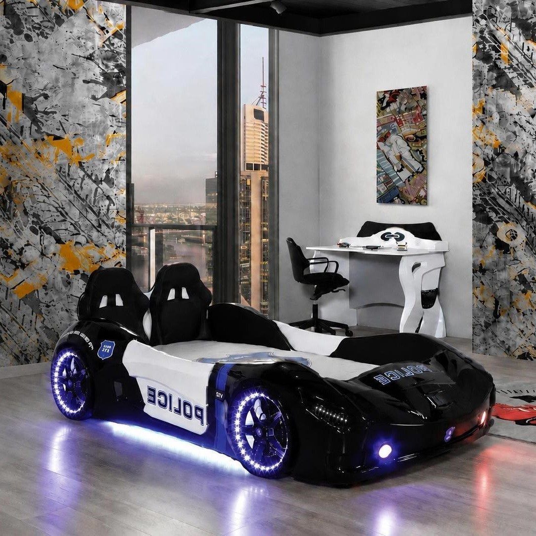 Xlmoebel Autobett Autobett Polizei Kinderbett Rennwagen Schwarz LED Schreibtisch (2-tlg., 2-tlg)