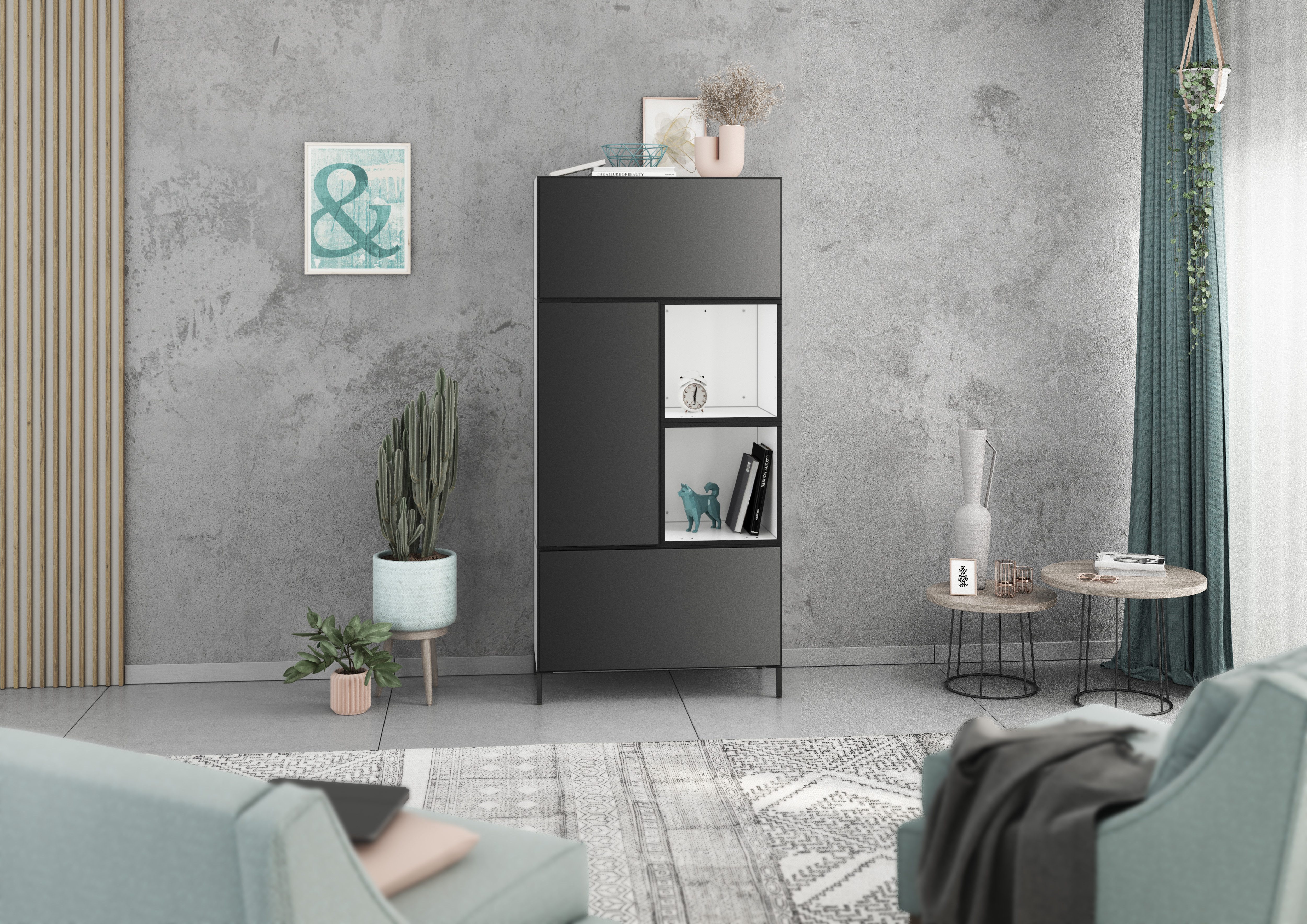 BMG Möbel Stauraumvitrine Modul+ (5 teiliges Highboard Set bestehend aus, 2x Schrank mit Klappenfunktion, 1 x Schrank mit Tür, 2x offenes Regal) Schränke und Regale können einzeln oder als Set montiert werden