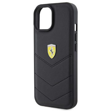 Ferrari Handyhülle Case iPhone 15 Echtleder schwarz Logo Metall, Kantenschutz