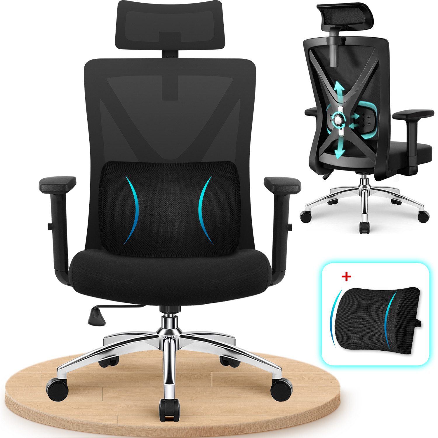 Adormii Bürostuhl Bürostuhl, bürostuhl ergonomisch, schreibtischstuhl mit Metallfuß (Ergonomischer bürostuhl mit 5D-verstellbarer Lordosenstütze, 90°–135° neigbar, büro stuhl mit verstellbaren Armlehnen, ergonomic office chair mit höhenverstellbarer Sitz, atmungsaktiv und komfortabel, bürostuhl 200 kg), Höhenverstellbar, Atmungsaktiver Netzbezug, 200KG Belastbarkeit