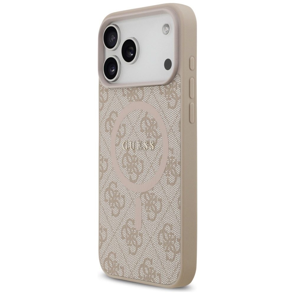 Guess Handyhülle MagSafe iPhone 17 Pro Max Kunstleder rosa Logo Metall goldfarben 6,9 Zoll, Kantenschutz