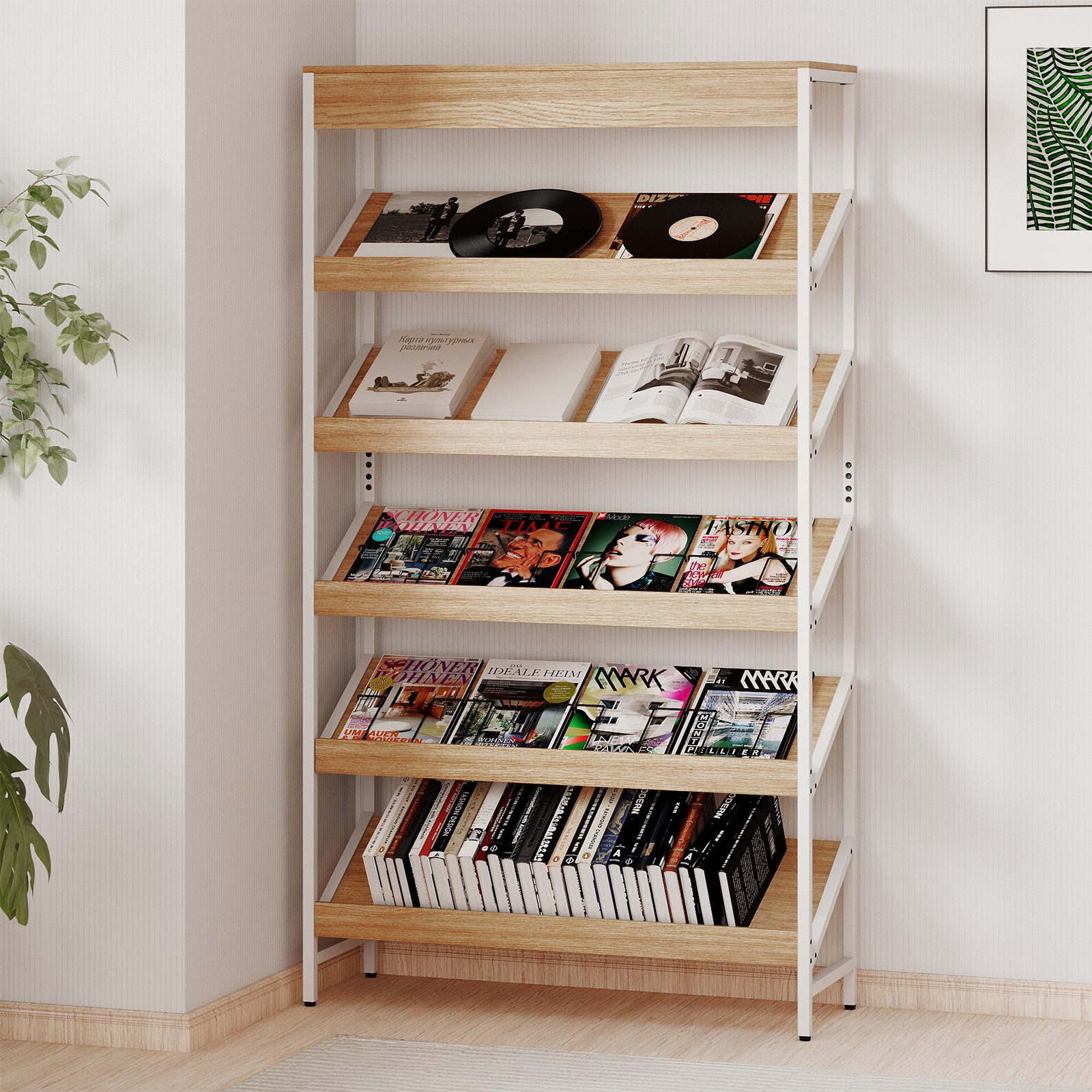 COSTWAY Bücherregal, 6-stöckiges freistehendes Lagerregal mit schräger Anzeige