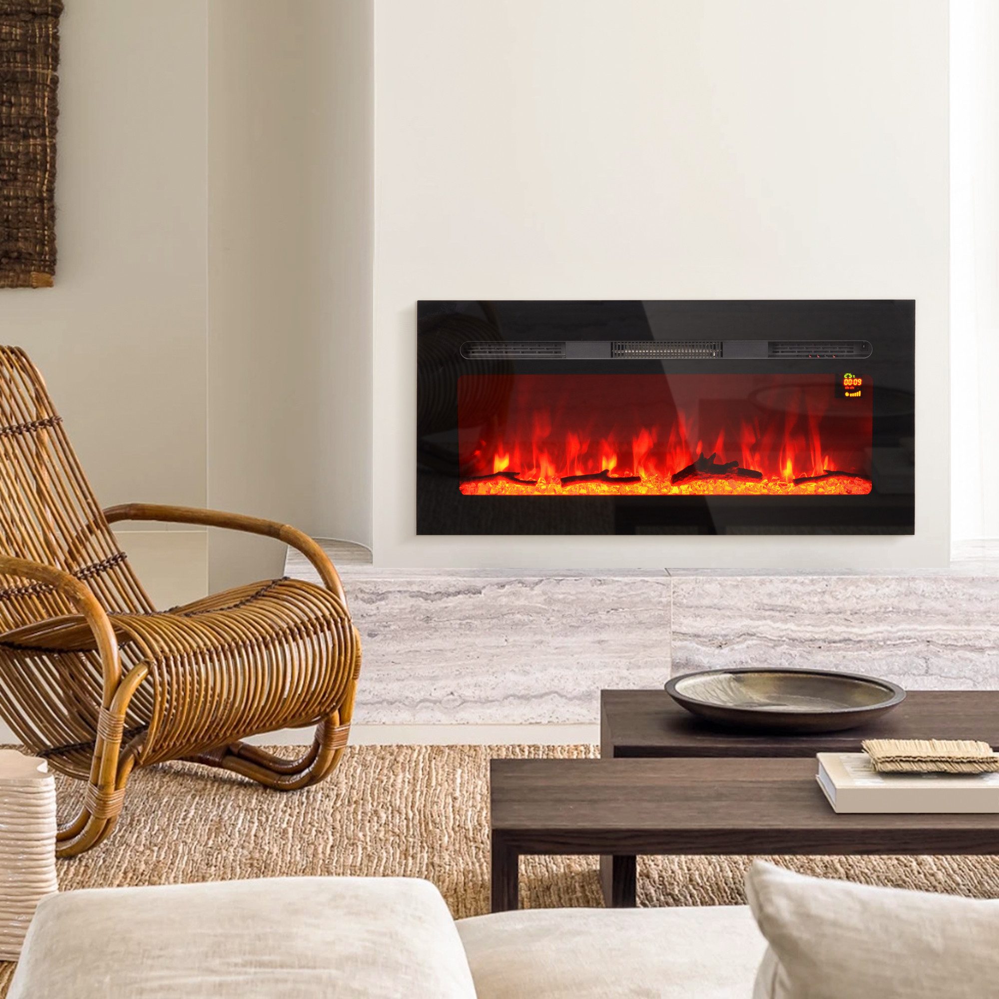 HOMCOM Elektrokamin Wandkamin mit Fernbedienung, 1800W, 3 Flammenfarben, 5 Helligkeit, Timer