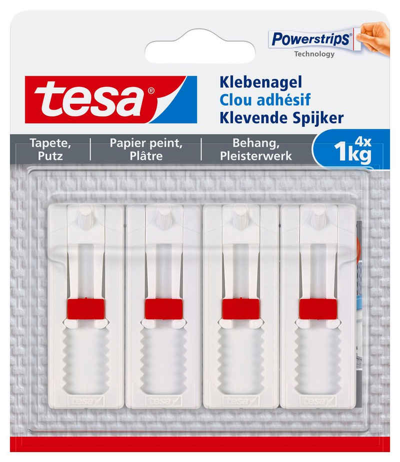 tesa Klebehaken Klebenagel mit max. 1 kg Haltekraft für Bilder - verstellbar, Dekoration, Bilder, Leinwände, Lichterketten, Girlanden, (Spar-Set, 4-St., inkl. Powerstrips), Klebenagel - POWERSTRIPS Doppelseitig - Tapete & Putz - 2 x 2er Pack