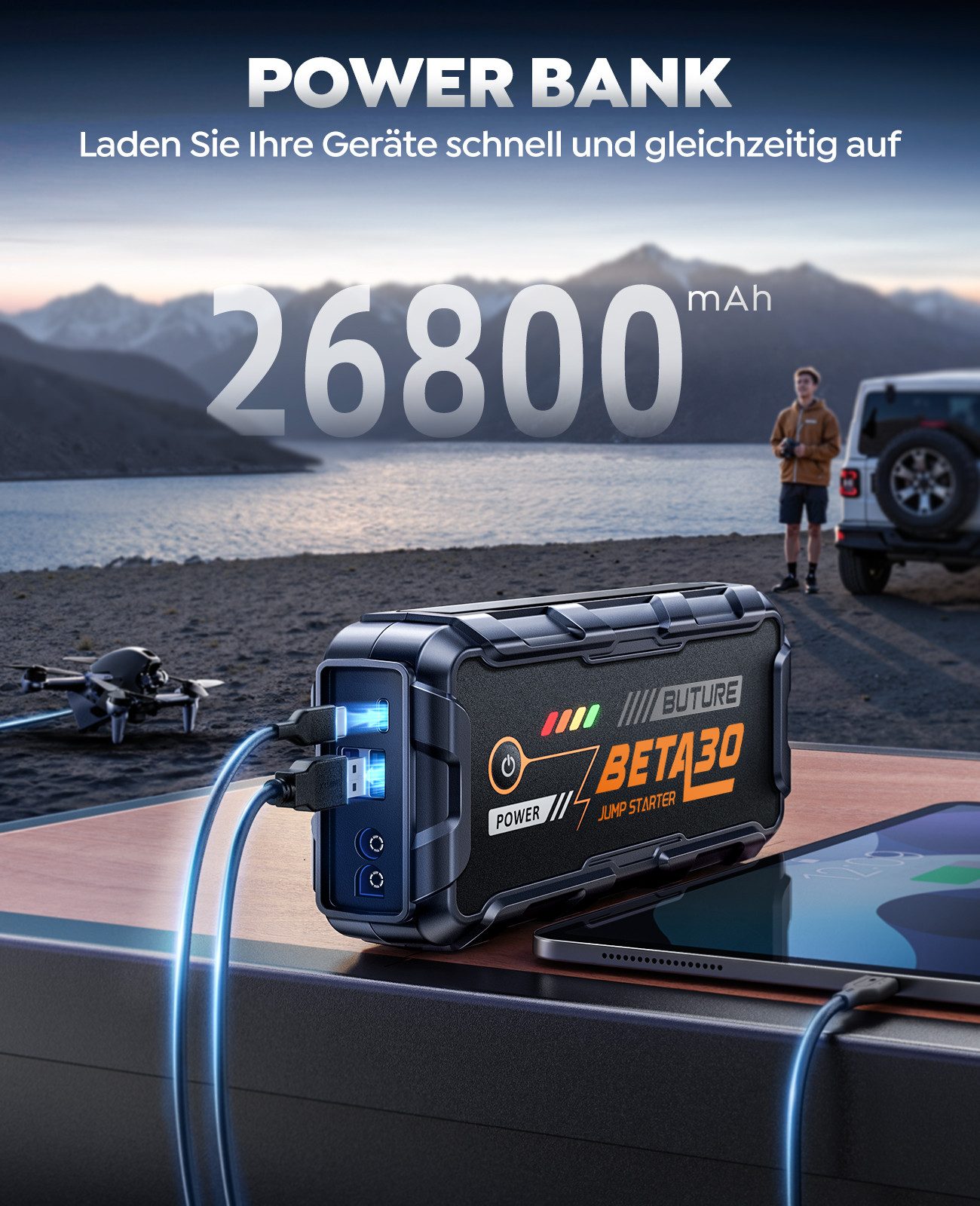 Buture Starthilfe Powerbank für PKW 6000A (All Gas/12,0L Diesel), 26800mAh Starthilfegerät (12 V), 800 Lumen Taschenlampe, 2 USB Ausgänge, Tragbarer Griff