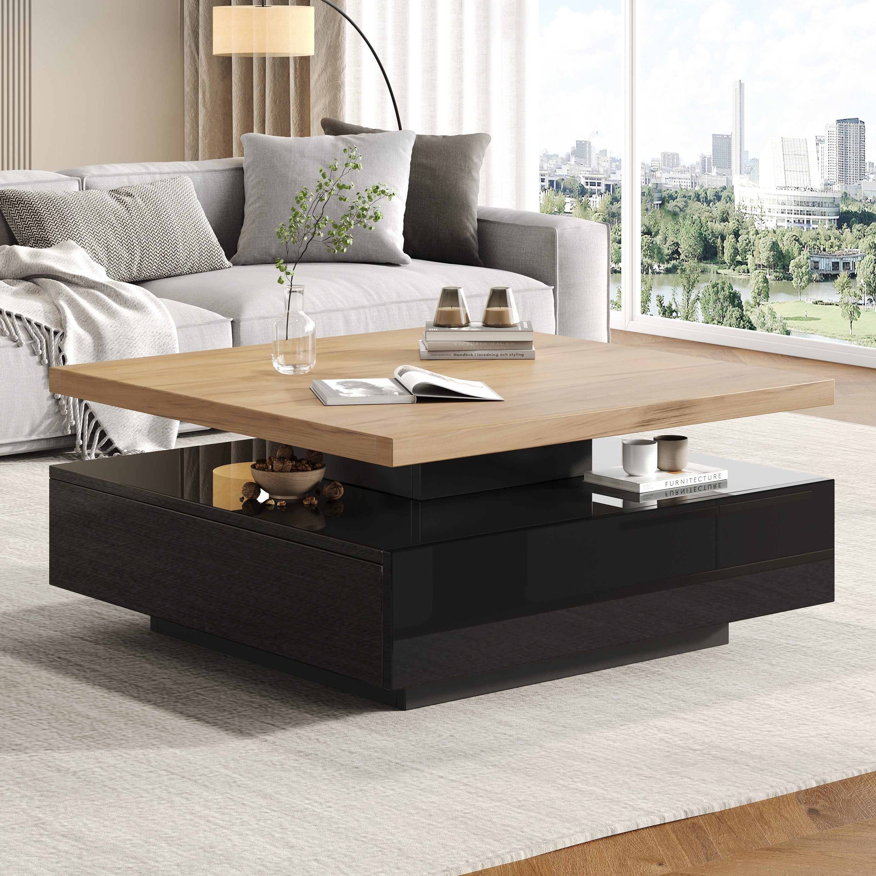 Merax Couchtisch mit versteckten Schubladen und 360° schwenkbarer Arbeitsfläche (Wohnzimmer, Kaffeetisch, 70x70x36cm), hochglänzend Beistelltisch mit geometrisc – Bild 2 von 5