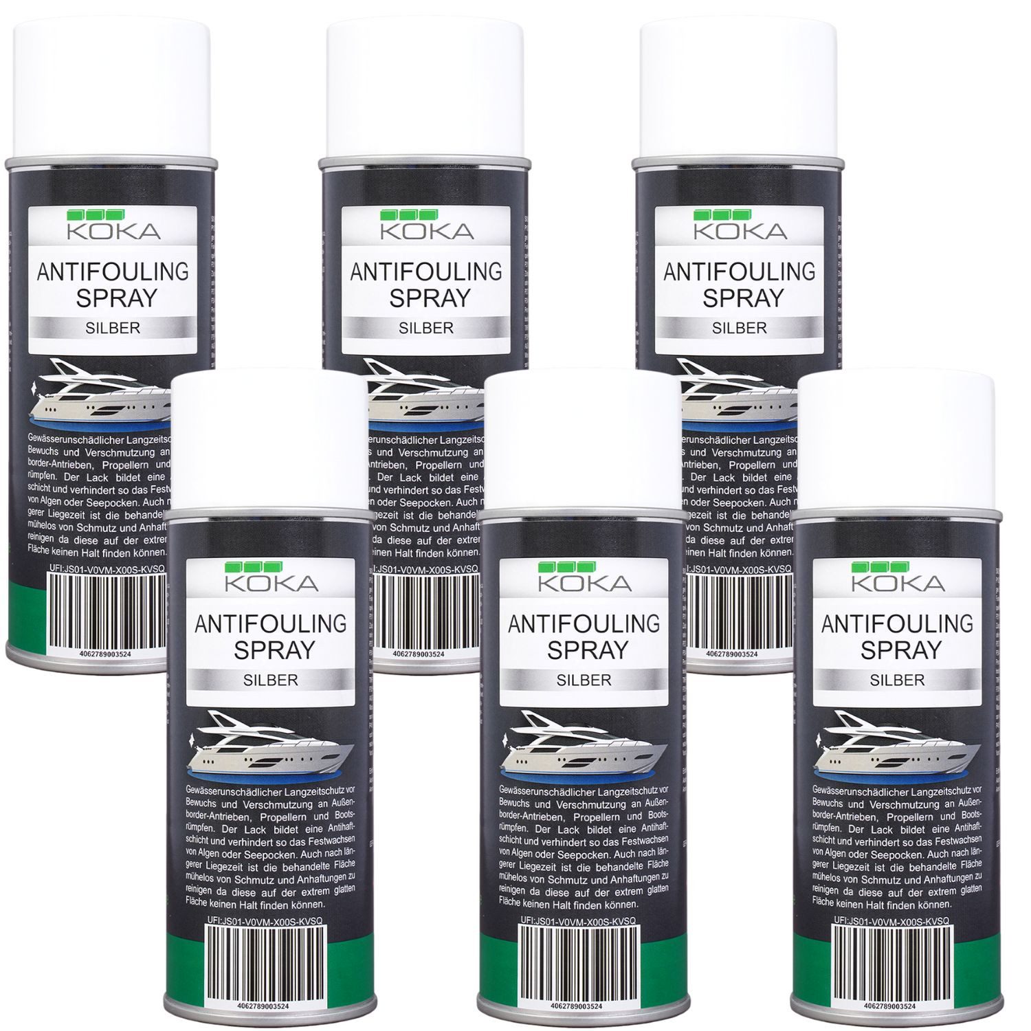 KOKA 6x Antifouling Spray Silber Bewuchs-Schutz Boot Lackschutz (Dosen, 6 St., 6x 400ml Dose), Langzeitschutz Antihaft-Schicht für Bootsrumpf Rumpf Antrieb Propeller