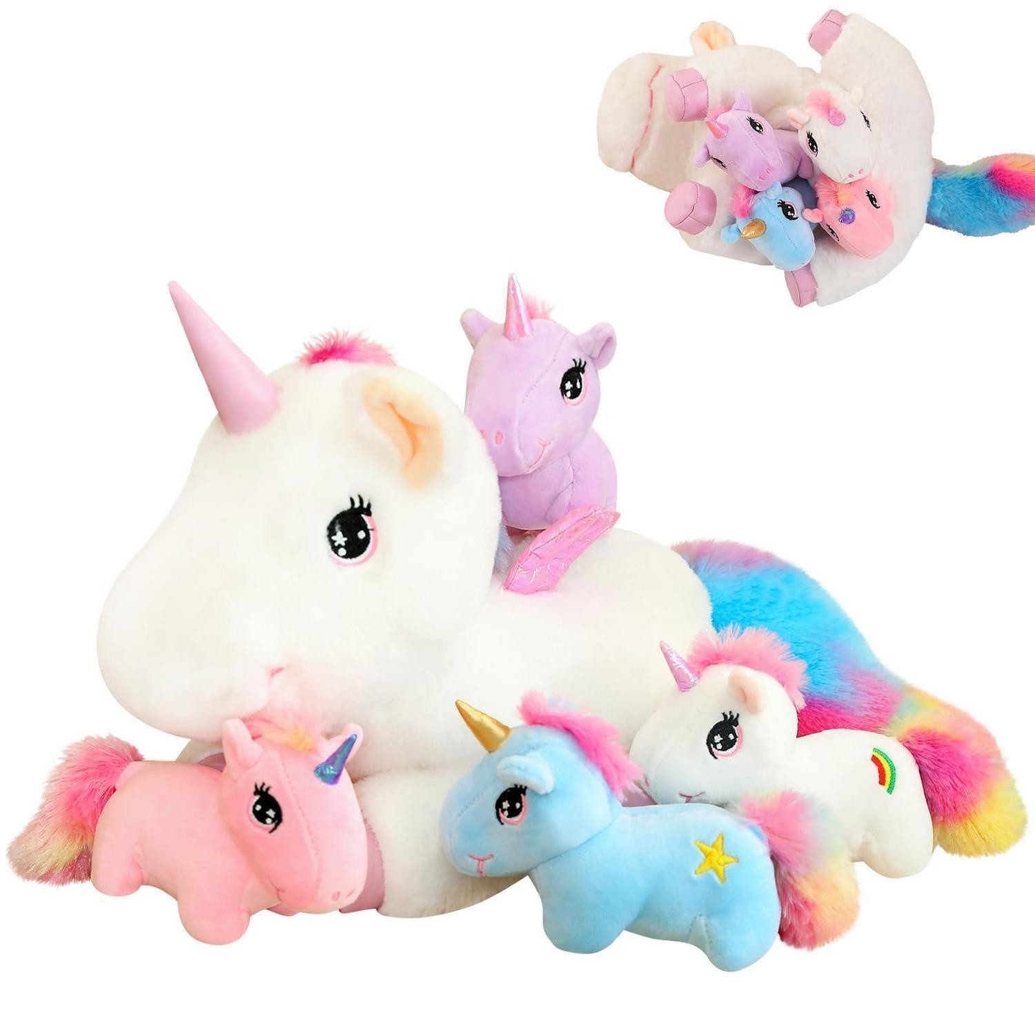 LuxusKollektion Kuscheltier Plüschkissen Einhorn mit 4 Babyeinhörnern Flügeln Regenbogen
