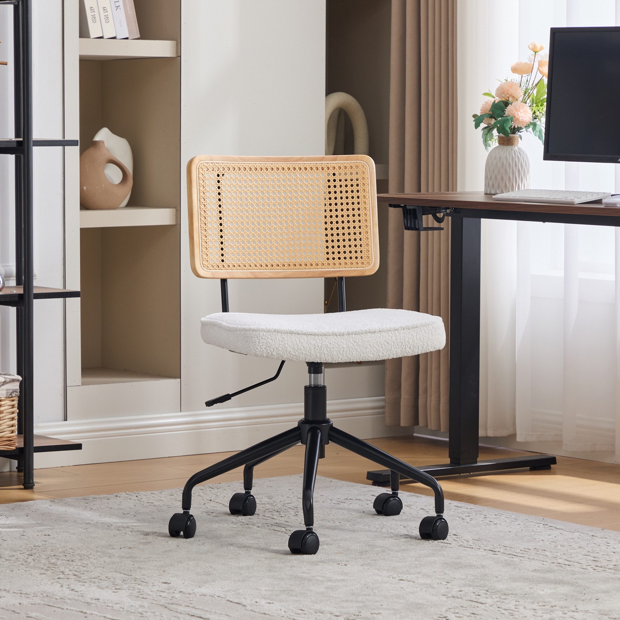 SeedWave Bürostuhl Höhenverstellbarer Drehstuhl mit Holzrahmen Rattanrücken, Polstersitz, Chenille, Metallgestell Akzentstuhl im Industrial Stil für Home Office