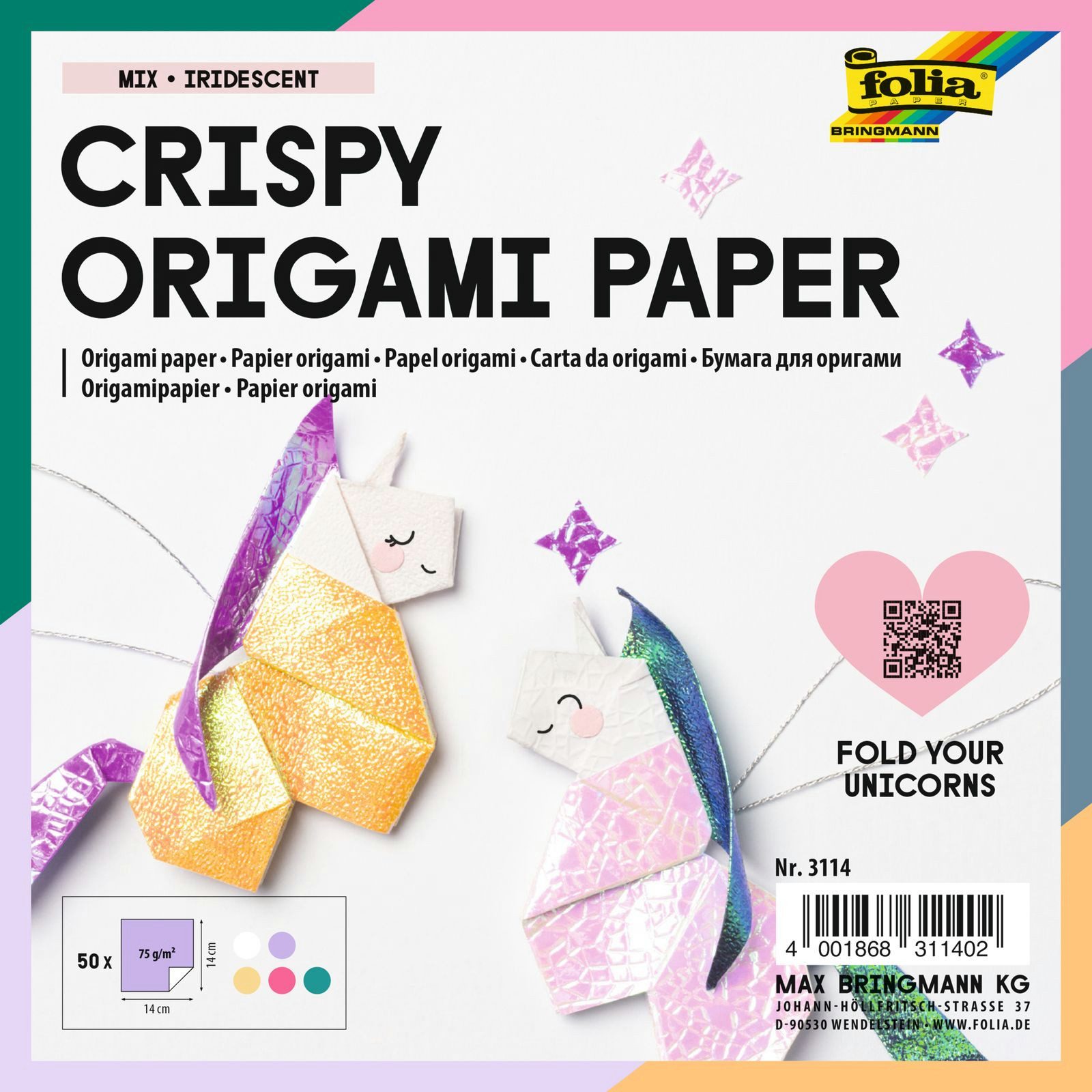 Folia Max Bringmann KG Designpapier Crispy Origami Papier 14x14cm - 75g/m², Irisierend