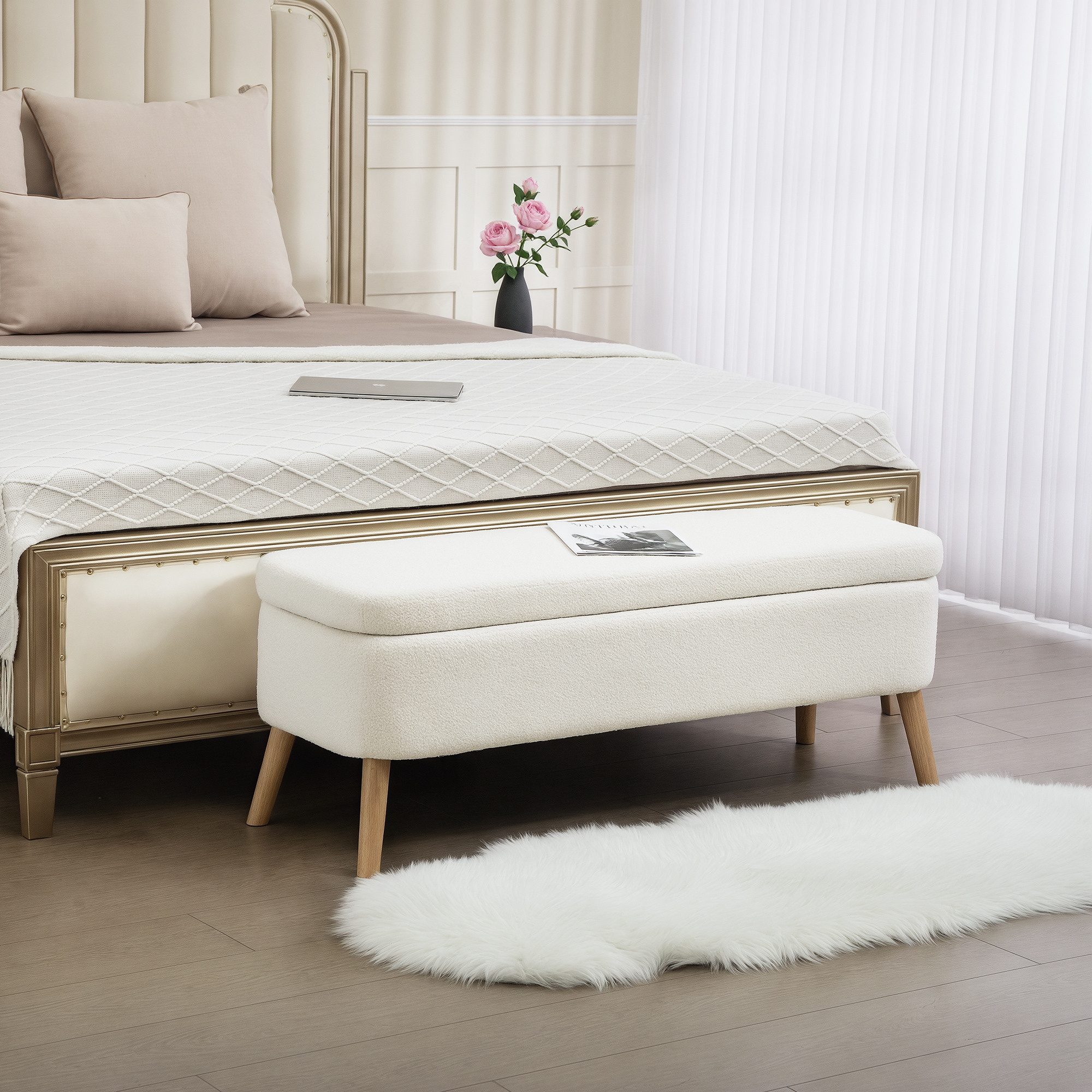 HOMCOM Sitzbank Polsterbank Truhenbank für Wohnzimmer, cremeweiß (Sitztruhe, 1-St., Sitzhocker mit 65 L Stauraum), 120 x 42 x 45 cm, Cremeweiß