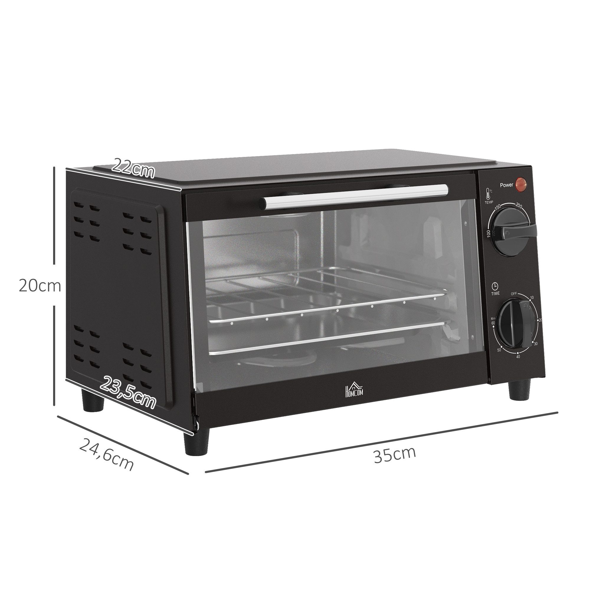 HOMCOM Minibackofen Backofen 10 L 750W 100-230℃ mit Backblech Pizza-Ofen, zum Grillen, Backen, Toasten, Schwarz