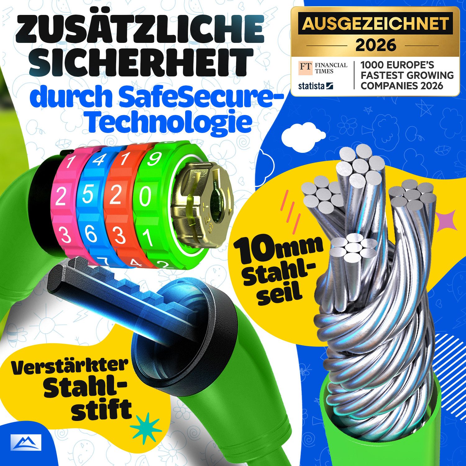 Nextcover Zahlenkabelschloss NEXTCOVER® Fahrradschloss Kinder mit 4-stelligem Zahlencode