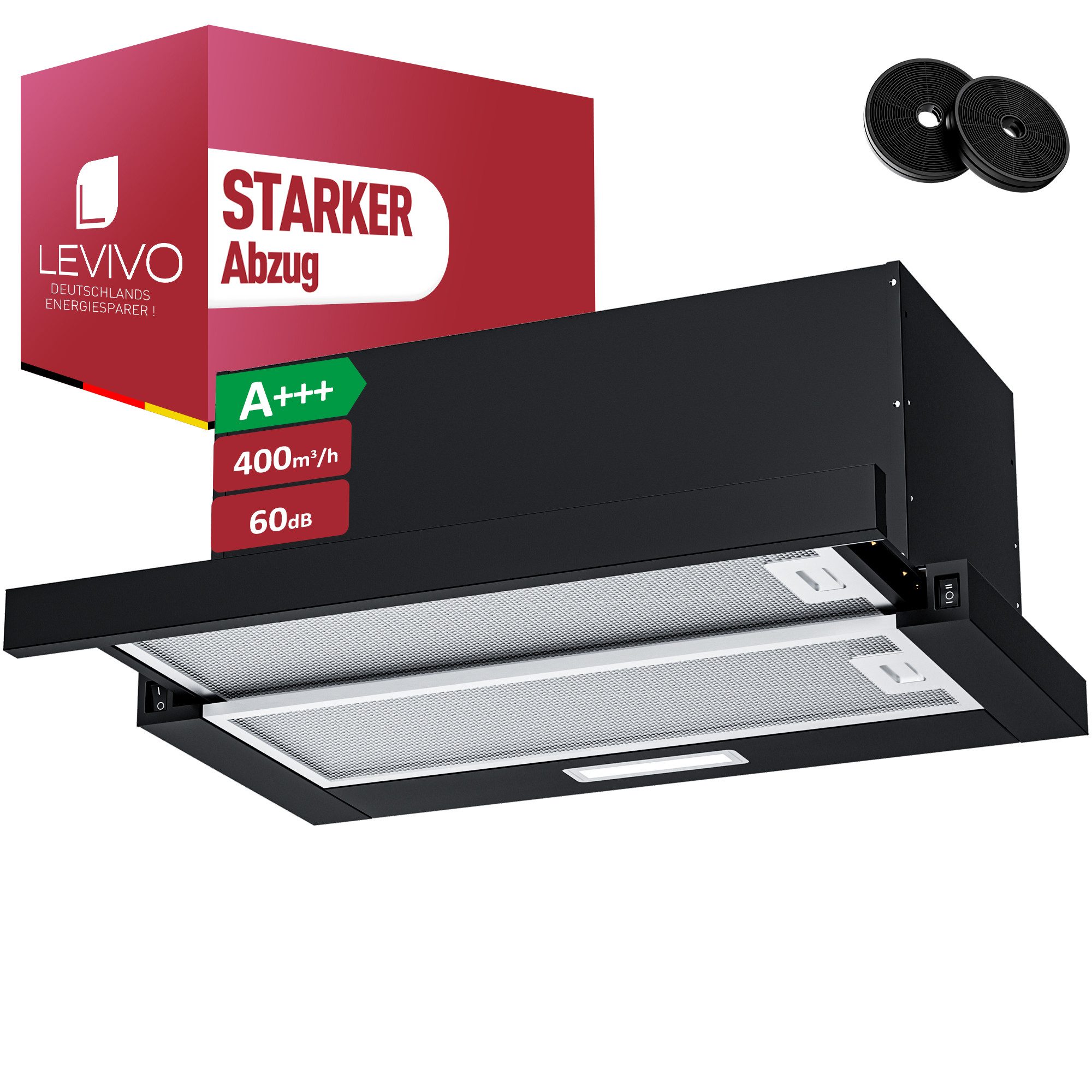 Levivo Flachschirmhaube A+++ Dunstabzugshaube 60cm Umluft & Abluft mit 400 m³/h A+++ Dunstabzugshaube 60cm Umluft & Abluft mit 400 m³/h, Aktivkohlefiltern, Fettfiltern, LED-Beleuchtung