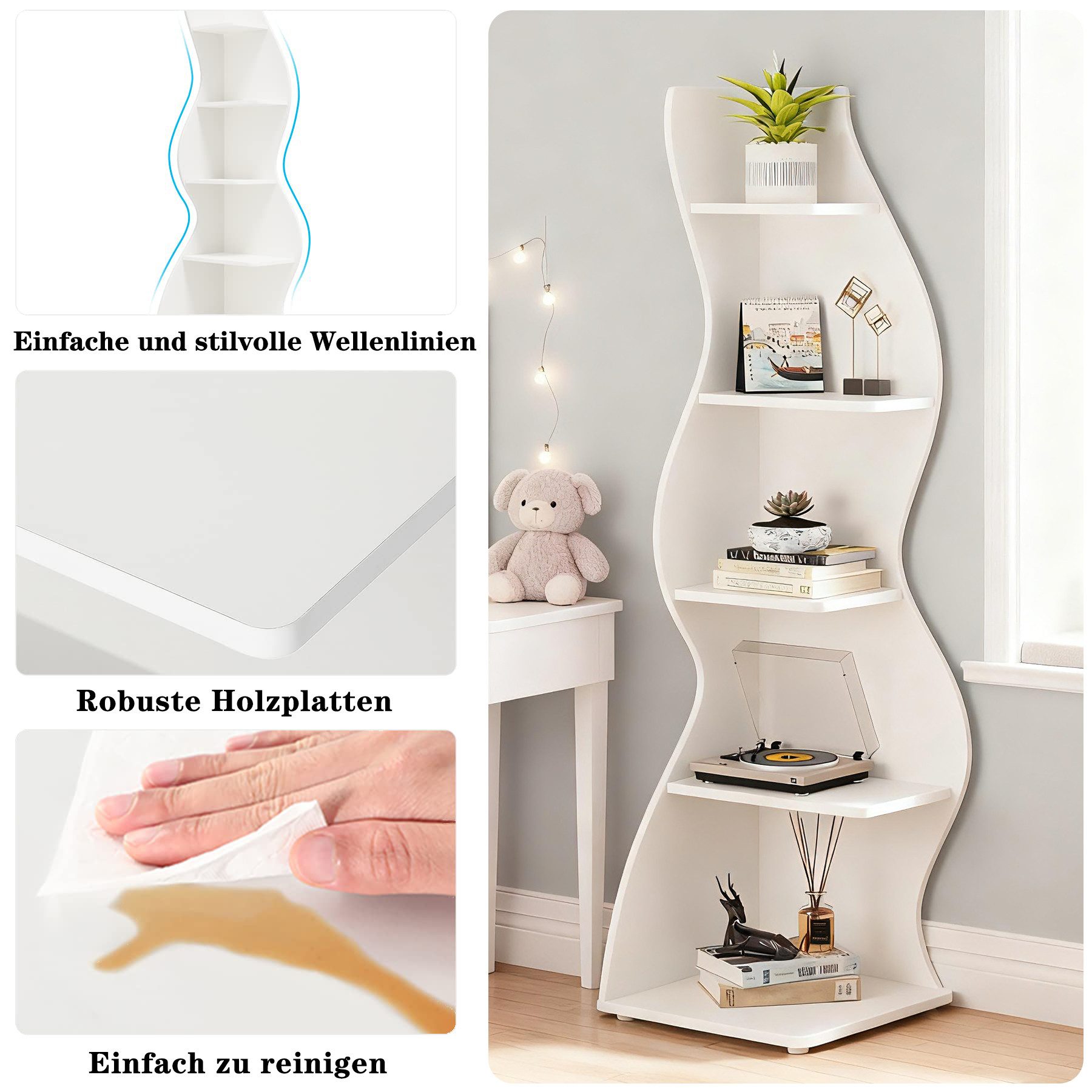 TWSOUL Eckregal Eckregal 5-stöckig, Modernes Stand-Eckregal mit Wellenform, Bücher- & Aufbewahrungsregal für Wohnzimmer, Büro & Schlafzimmer