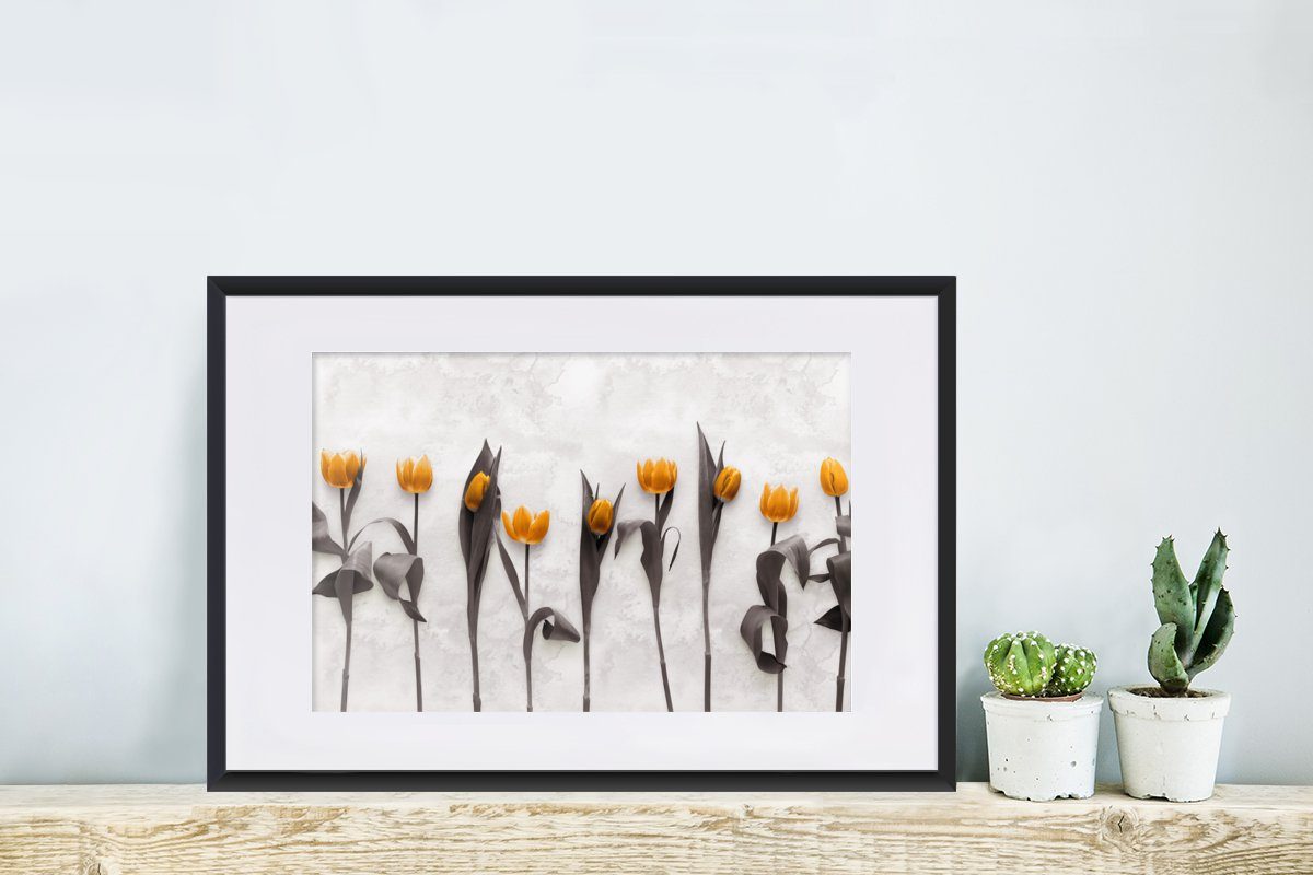 MuchoWow Poster Blumen Tulpen - Gerahmtes mit Poster, Kunstdruck, Schwarzem - Marmor, St), Bilderrahmen (1 Rahmen