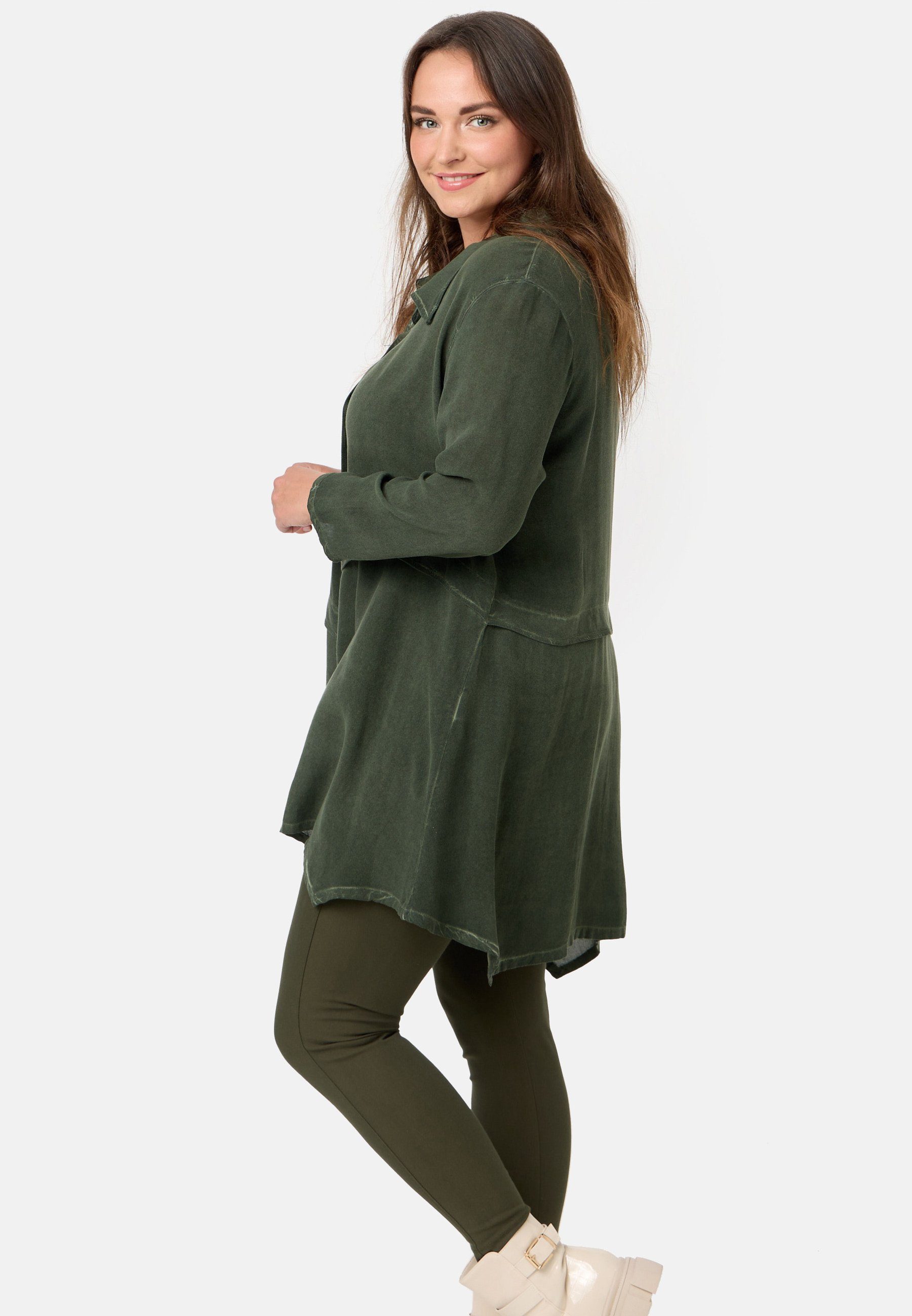 Bluse A-Linie Kekoo in Khaki mit asymmetrischem Langarmbluse 'Memoir' Saum