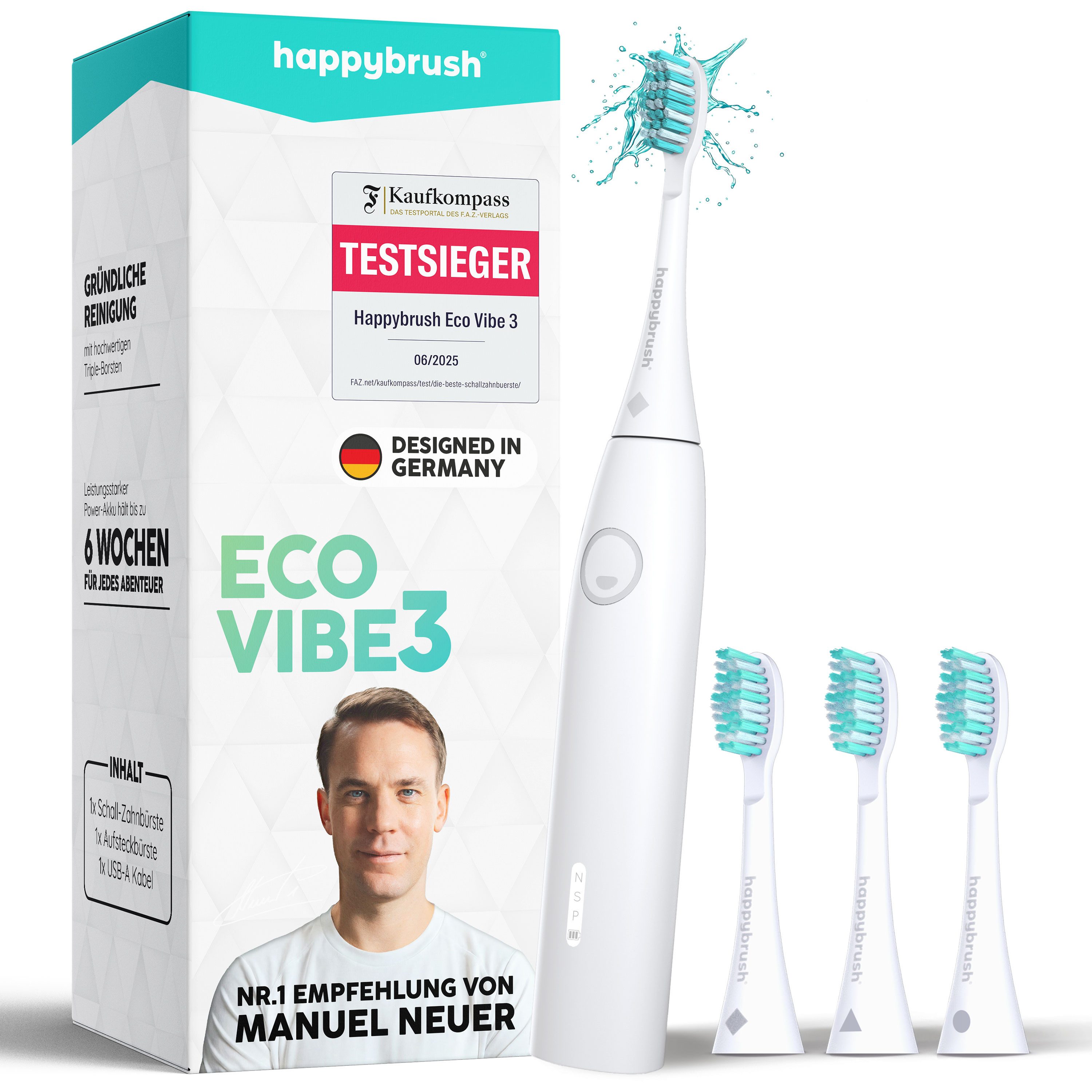 happybrush Schallzahnbürste Eco VIBE 3+ AllWhite - 100 Tage Probeputzen - 8 Wochen Power Akku, Aufsteckbürsten: 4 St., Eco Vibe 3, 3 individuelle Putz-Modi, Schalltechnologie