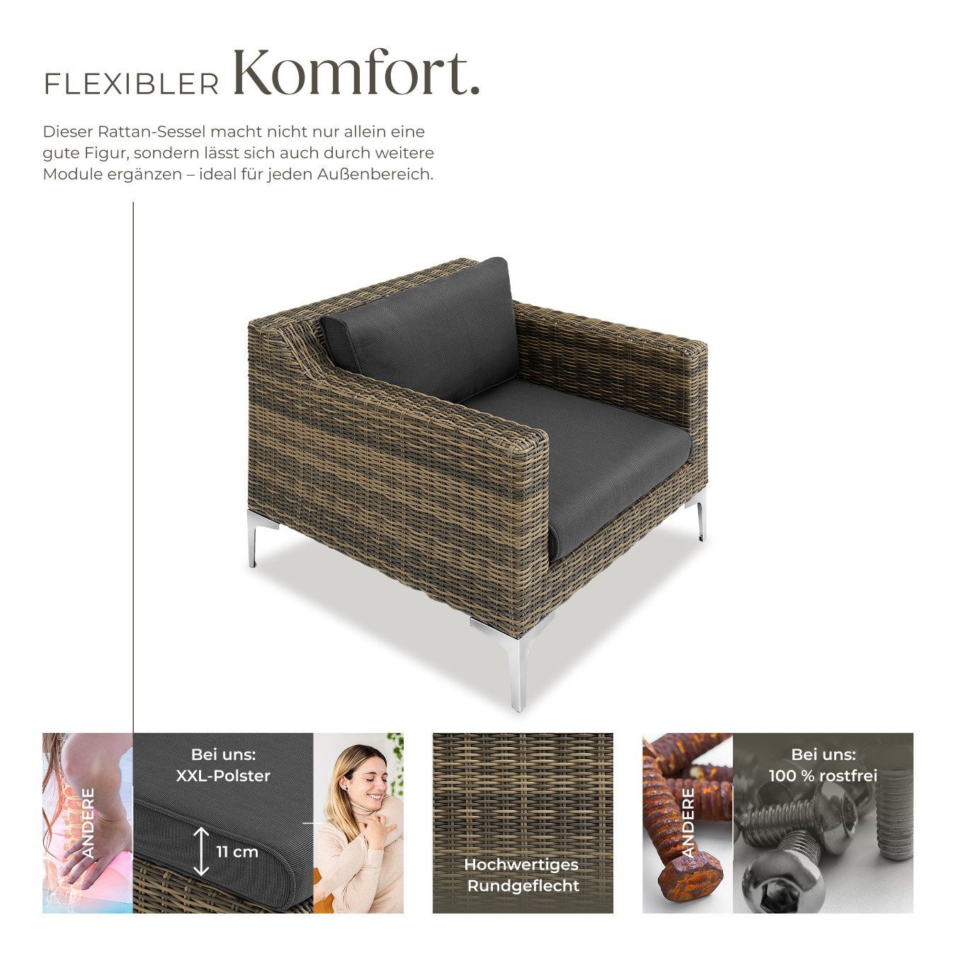 tectake Sitzgruppe Modulares Rattanset, Dicke des Sitzpolsters 11 cm, 89 x 89 x 72 cm, (Loungeset Villanova, für Außen in Anthrazit-meliert), Sessel mit, wetterfest und UV-beständig, hochwertig