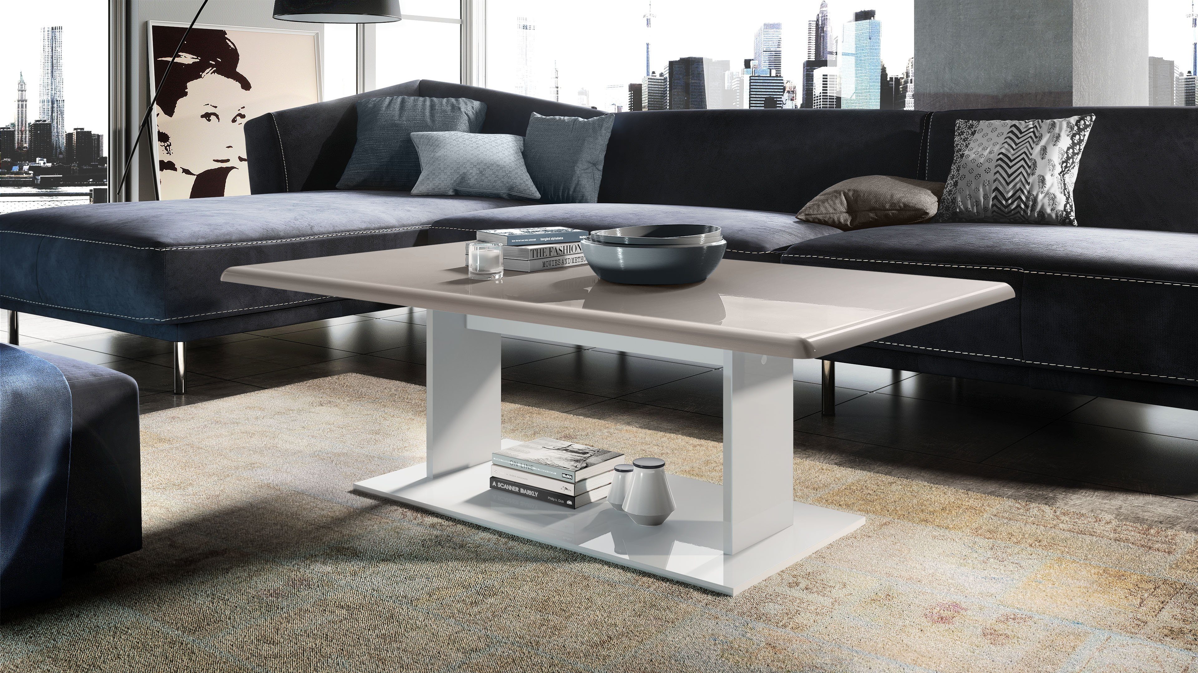 Vladon Couchtisch Mono (Wohnzimmertisch, mit Ablageboden), Weiß matt/Sandgr günstig online kaufen