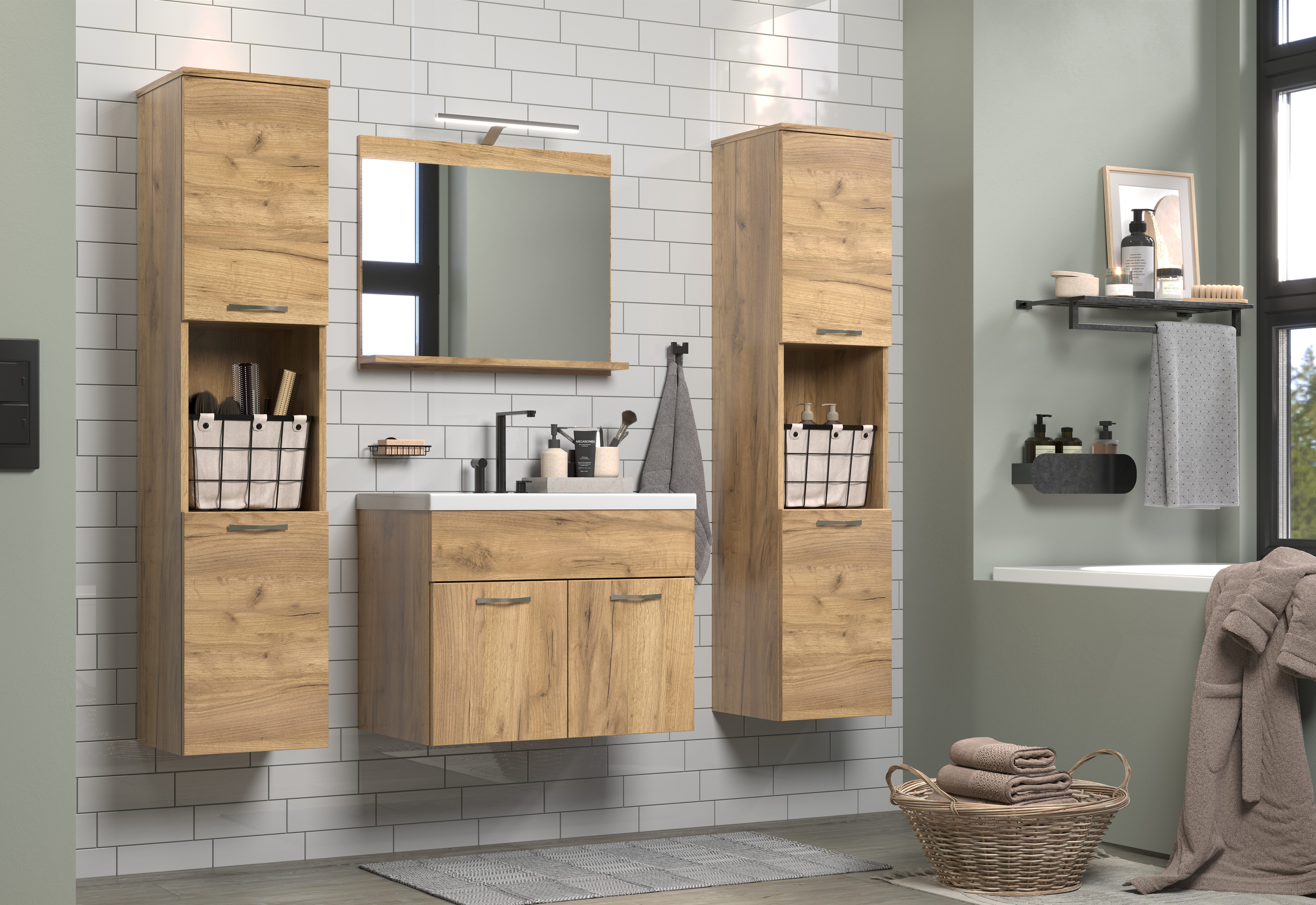 welltime Badezimmer-Set Kuba, (Komplett-Set, 4-St), Hängeschränke, Waschtisch mit Waschbecken und Wandspiegel mit Ablage