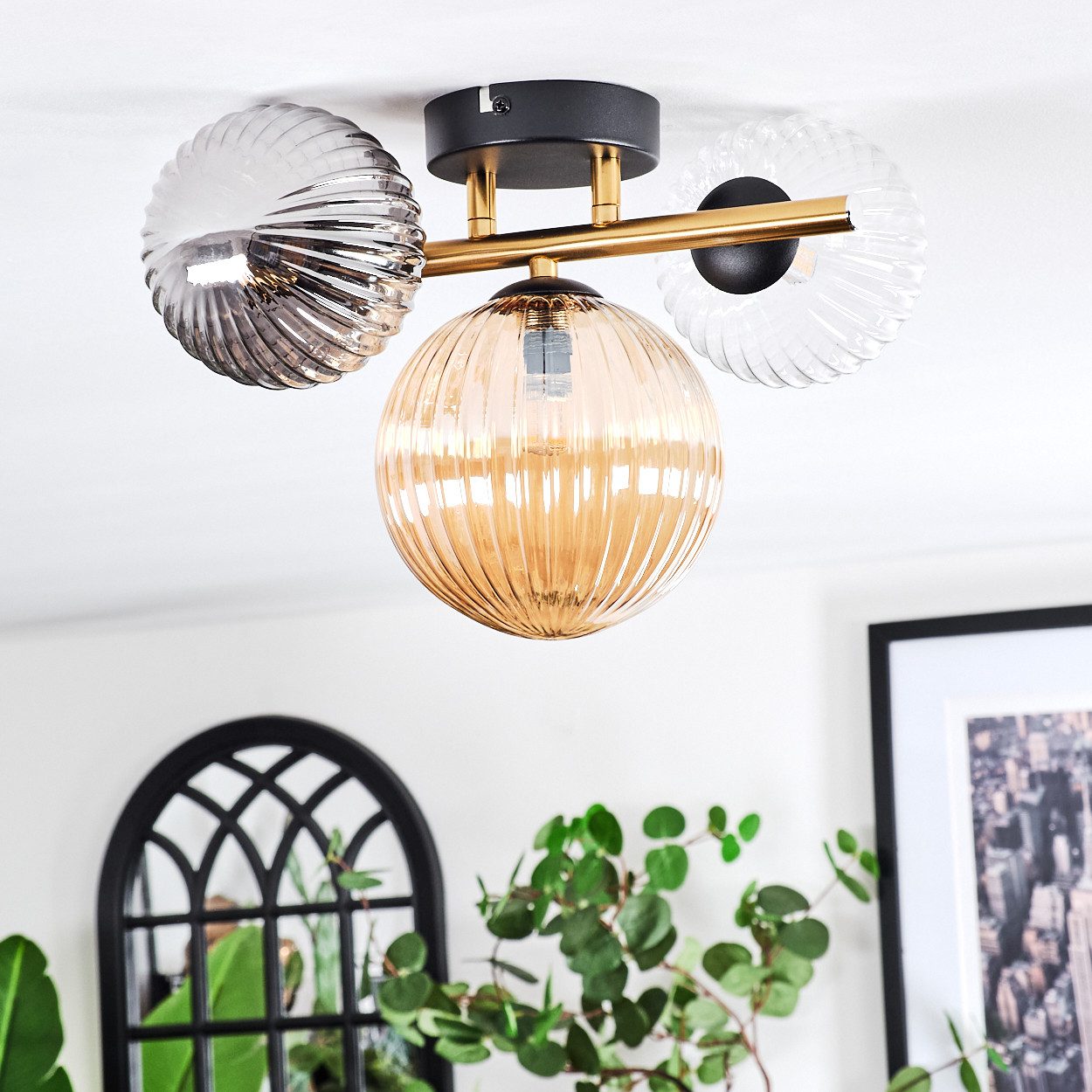 hofstein Deckenleuchte Deckenlampe aus Metall/Riffelglas in Schwarz/Gold/Rauch/Bernstein/Klar, ohne Leuchtmittel, Deckenleuchte im modernen Vintage-Design (Schirme Ø 12; 15 cm), 3 x G9